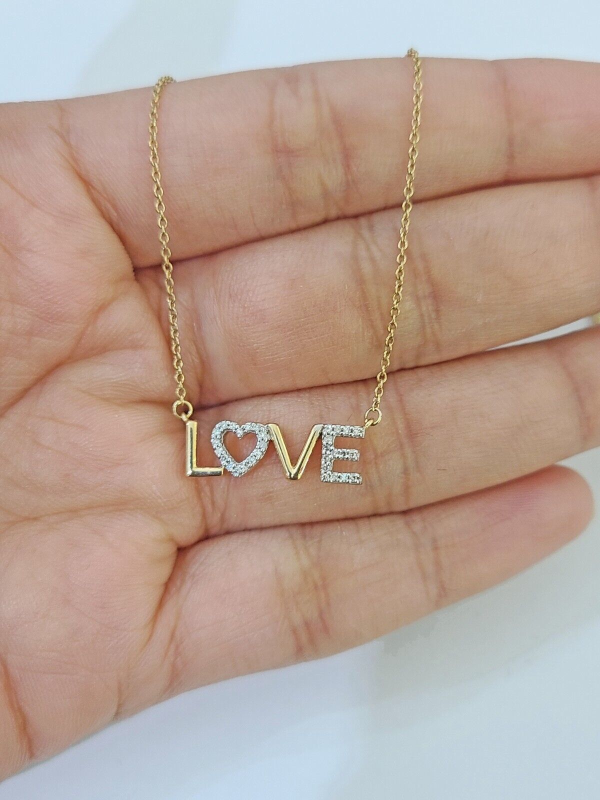 Real 10k Yellow Gold LOVE Diamond Pendant Chain Necklace Set Women - GoldenlinQ