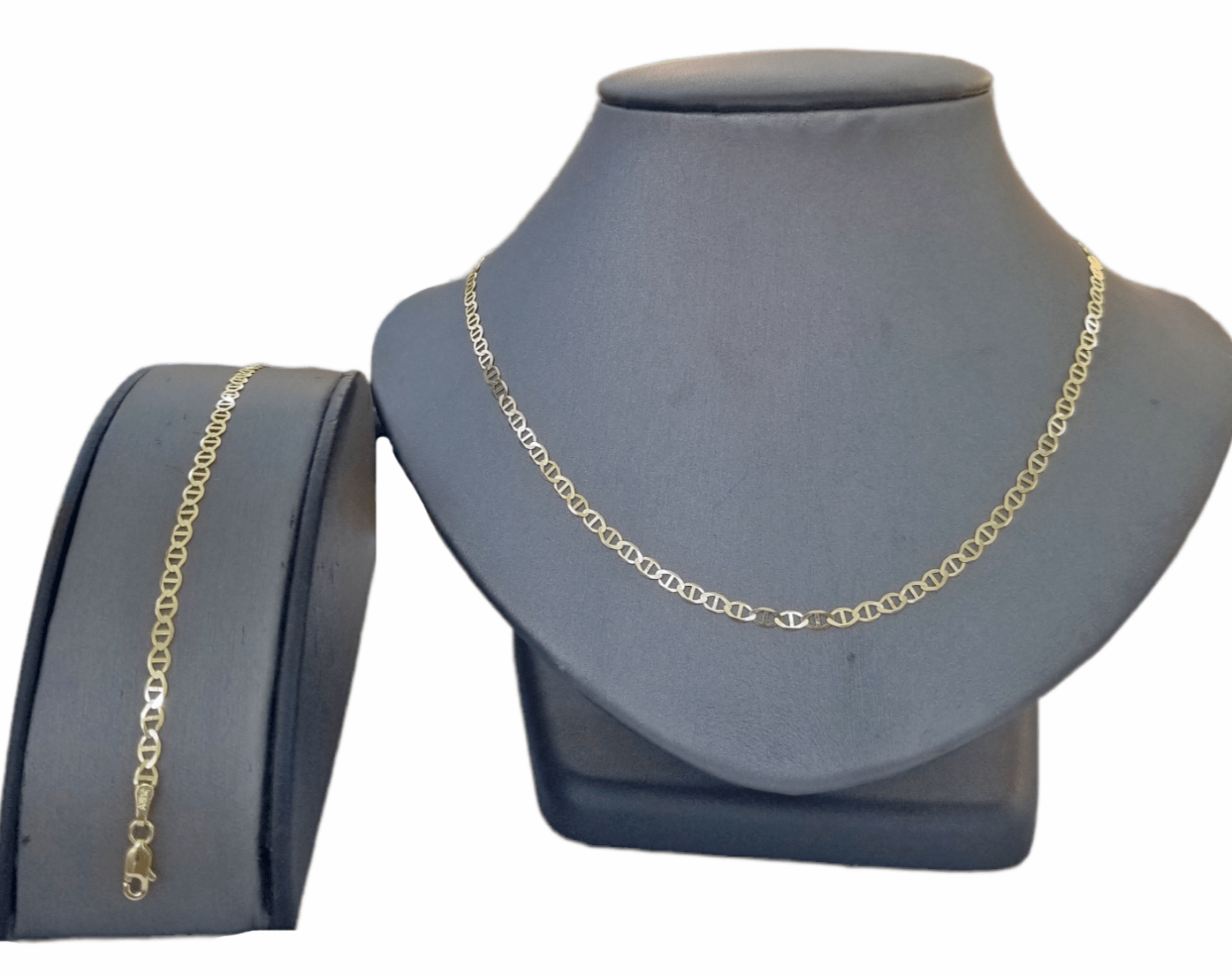 Real 10k Yellow Gold Mariner Anchor Link Necklace Bracelet Set 3mm Chain - GoldenlinQ