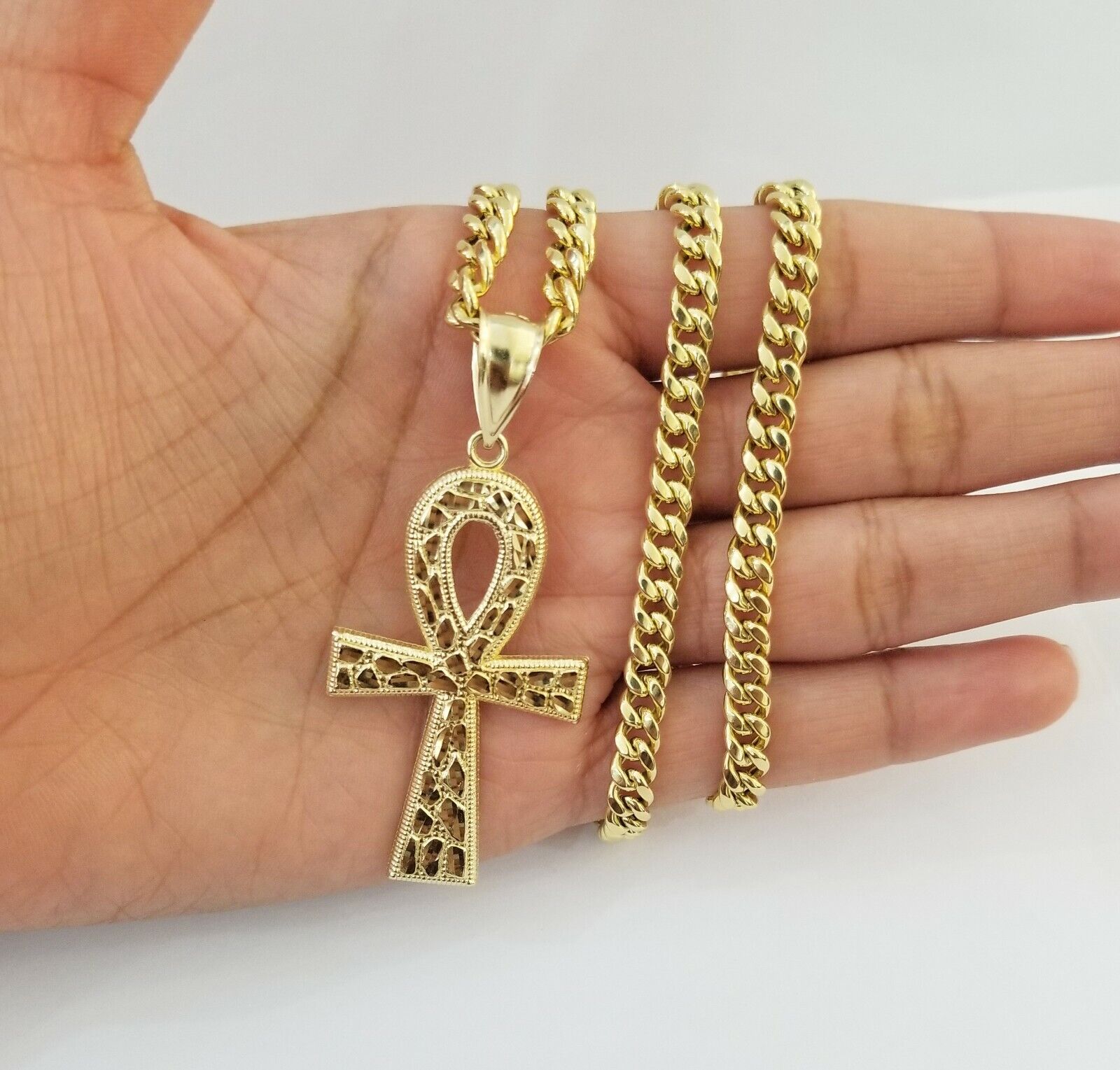 Real 10k Yellow Gold Men Ankh Cross Charm 20" Inch 6mm Miami Cuban Chain - GoldenlinQ