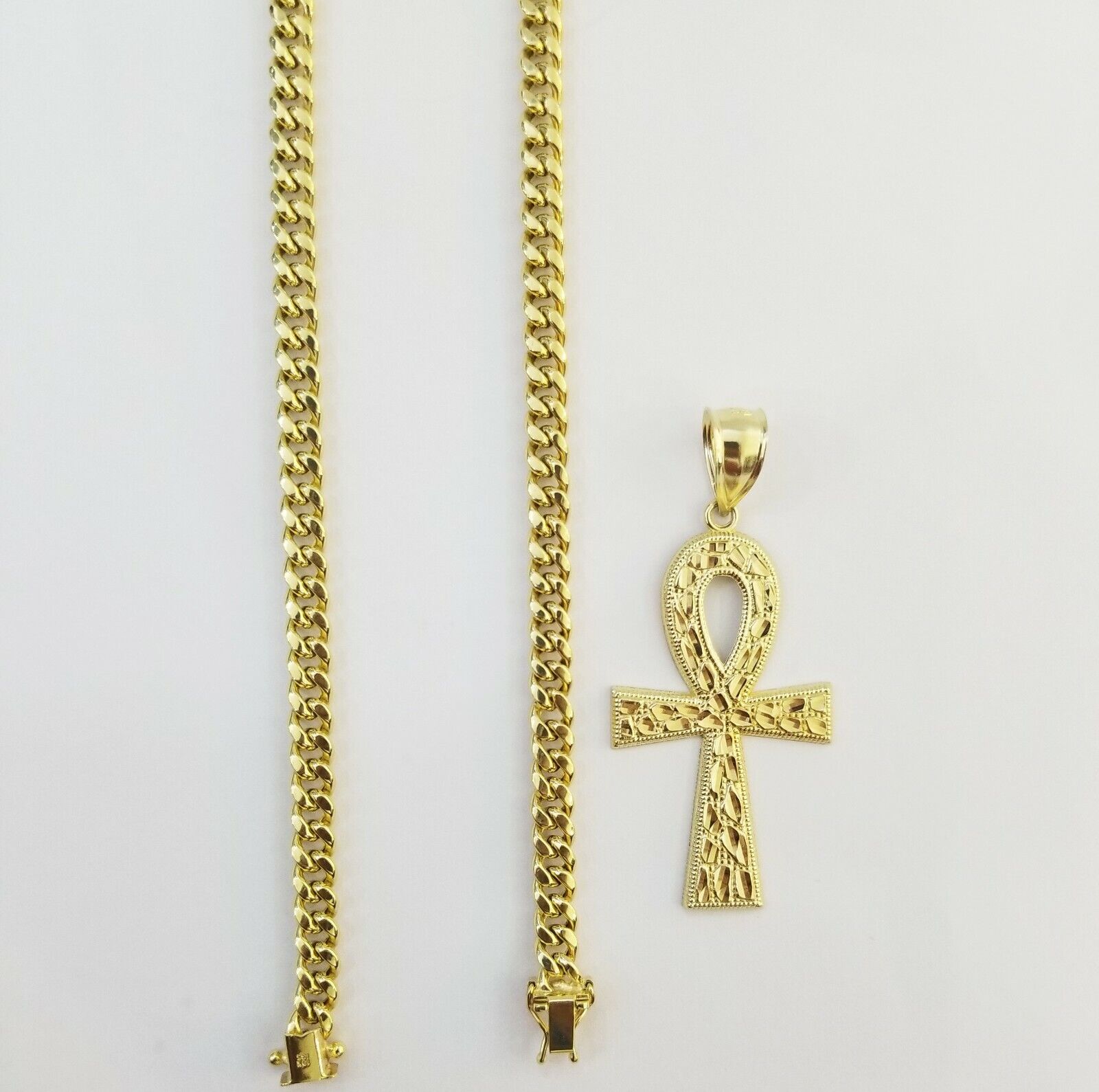 Real 10k Yellow Gold Men Ankh Cross Charm 20" Inch 6mm Miami Cuban Chain - GoldenlinQ
