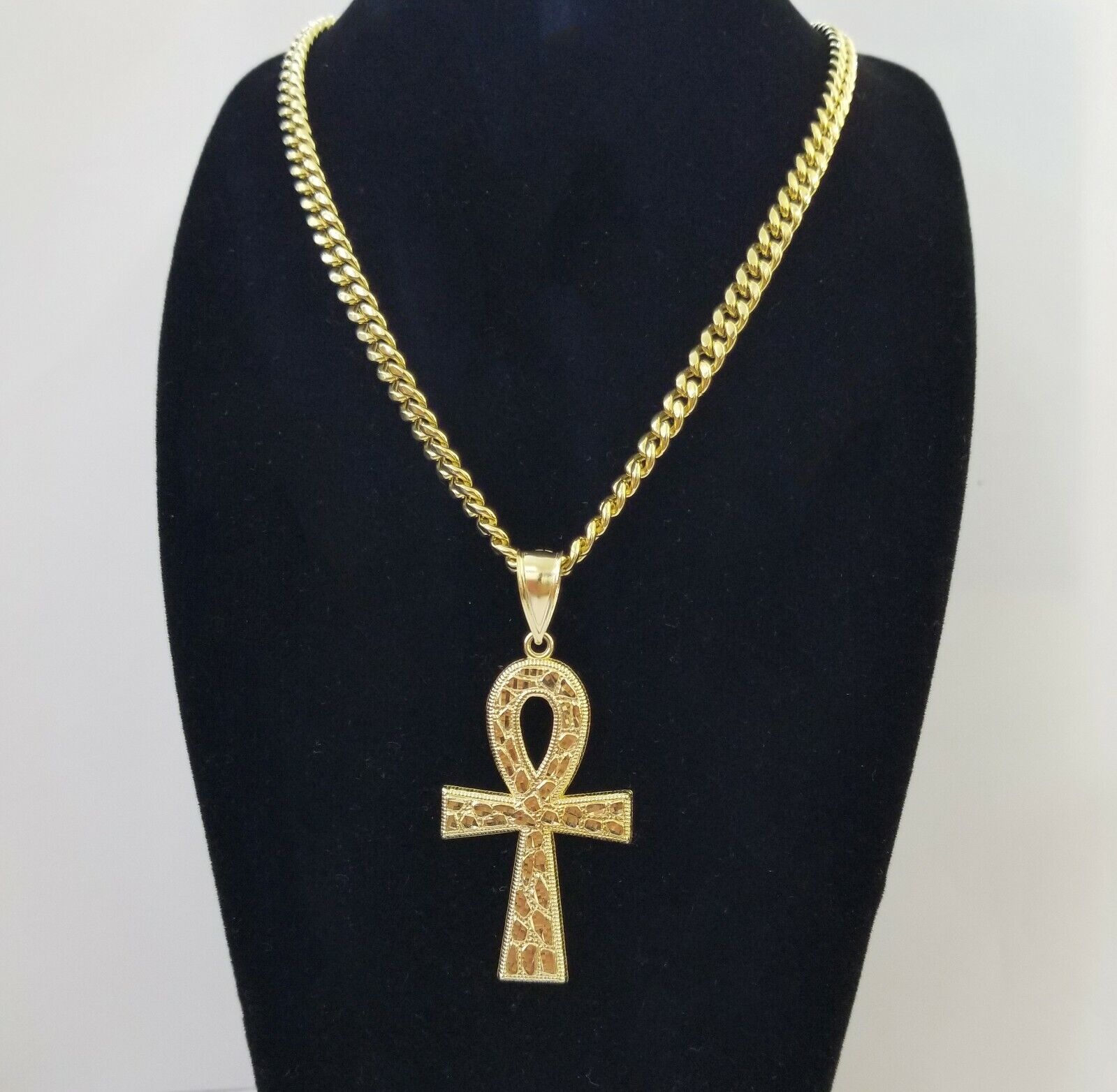 Real 10k Yellow Gold Men Ankh Cross Charm 20" Inch 6mm Miami Cuban Chain - GoldenlinQ