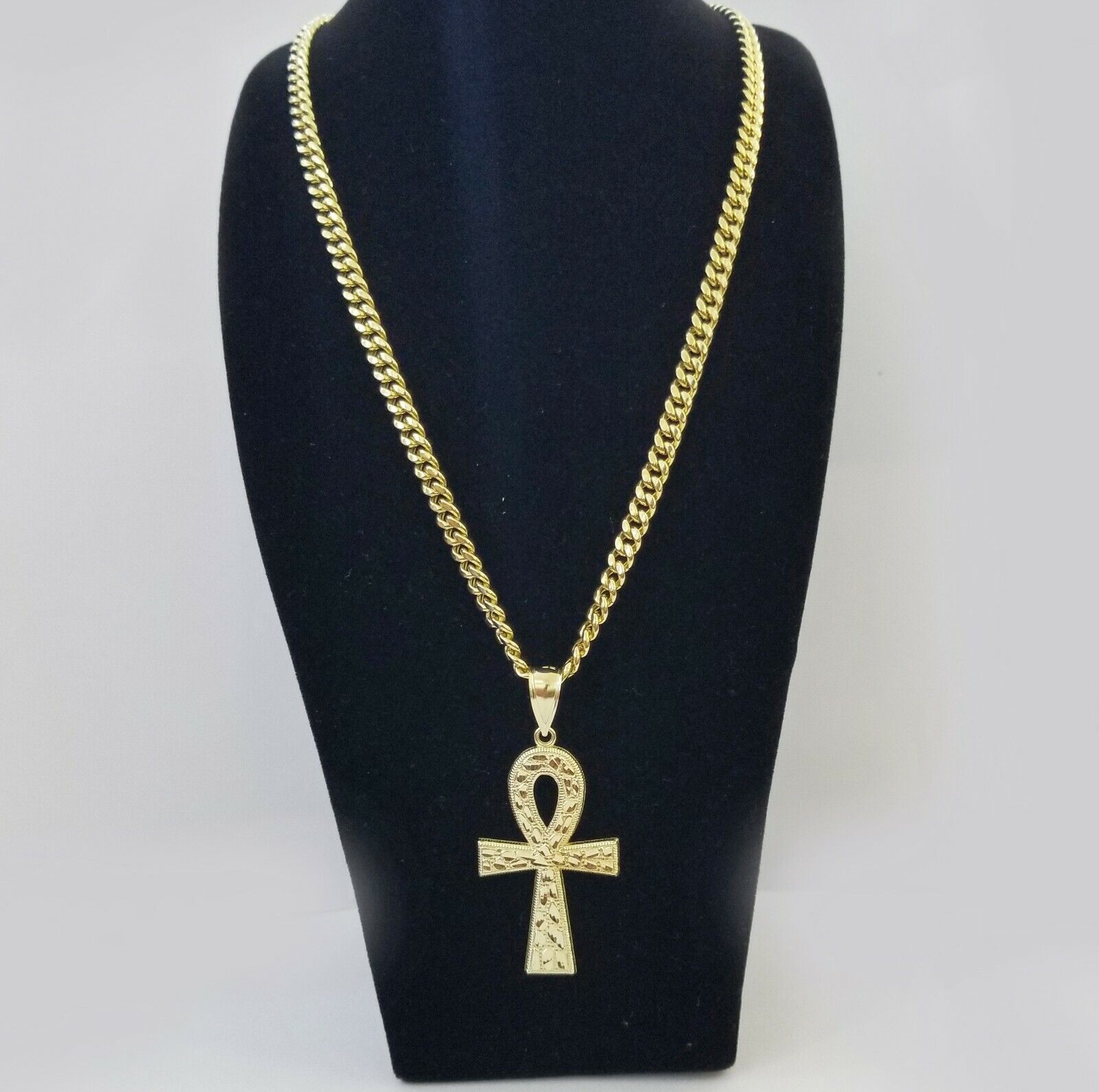 Real 10k Yellow Gold Men Ankh Cross Charm 20" Inch 6mm Miami Cuban Chain - GoldenlinQ