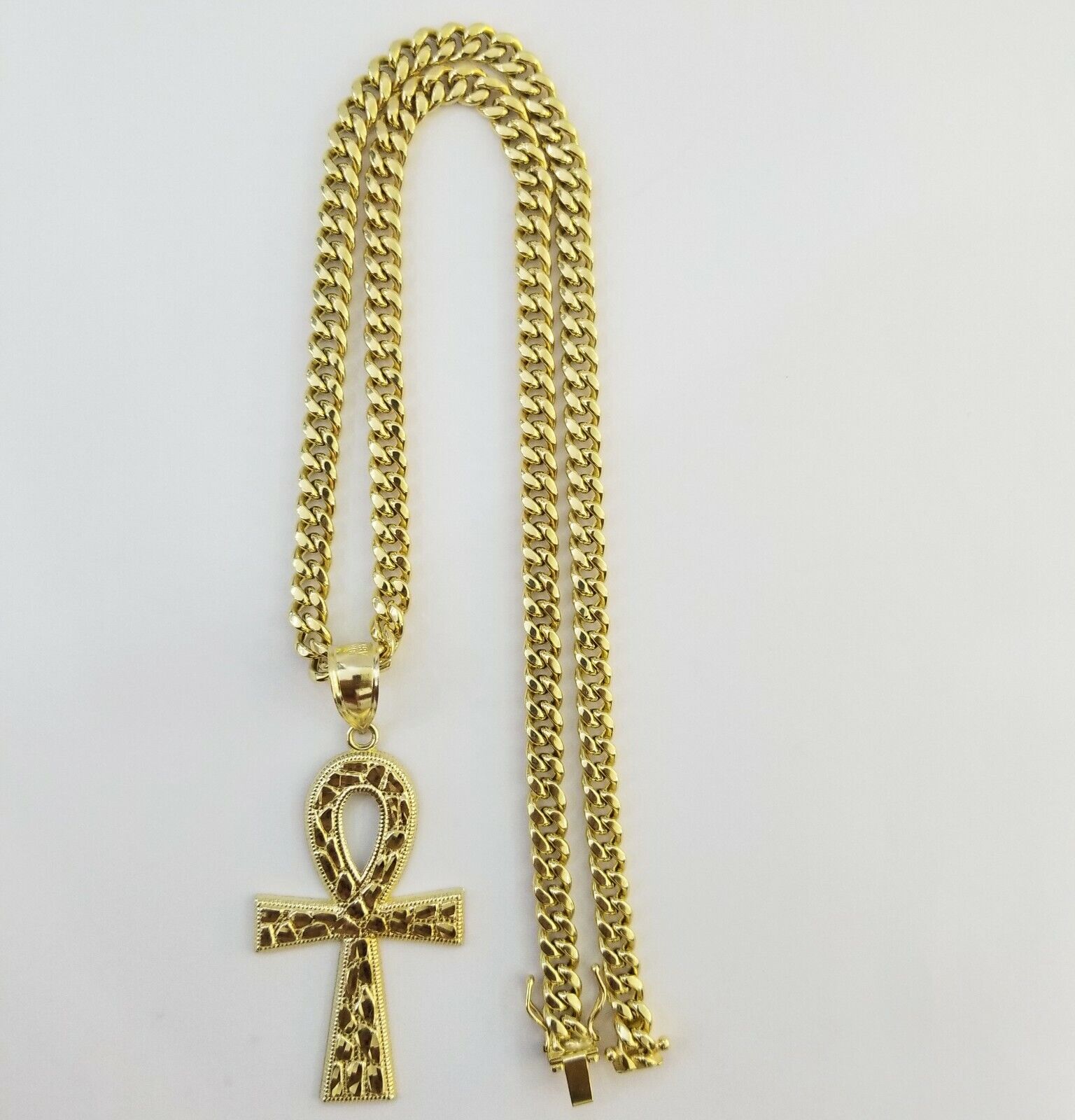 Real 10k Yellow Gold Men Ankh Cross Charm 20" Inch 6mm Miami Cuban Chain - GoldenlinQ