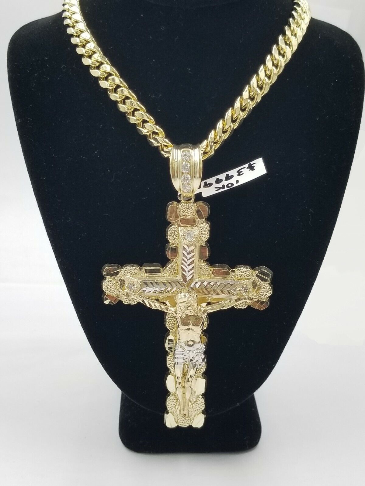 Real 10k Yellow Gold Men Jesus Cross Charm with Miami Cuban Chain Diamond Cut - GoldenlinQ