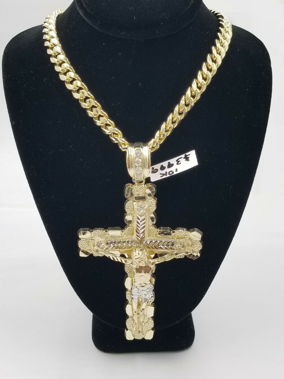 Real 10k Yellow Gold Men Jesus Cross Charm with Miami Cuban Chain Diamond Cut - GoldenlinQ