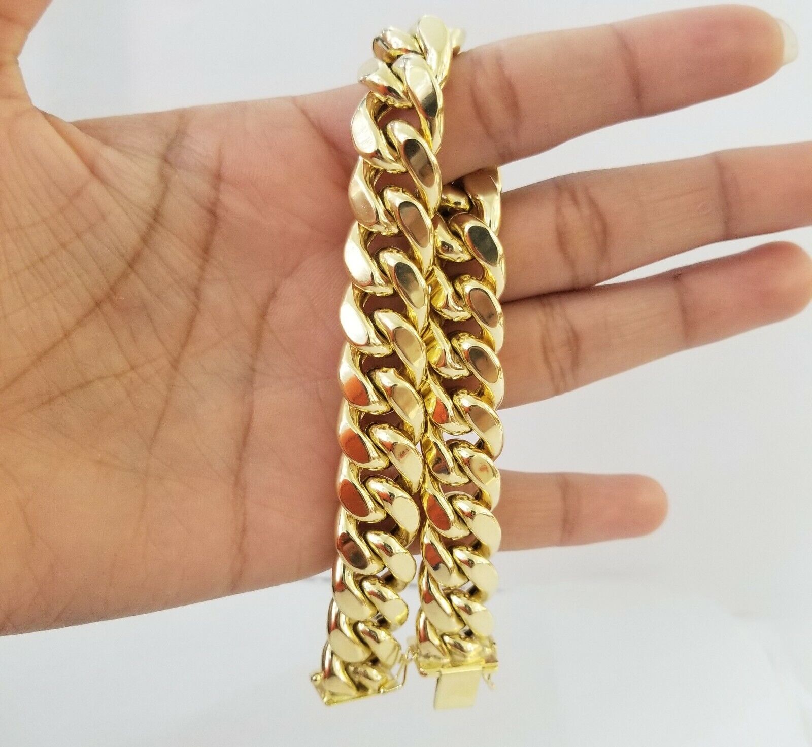 Real 10K Yellow Gold Miami Cuban Bracelet 9 Inch 15mm,box lock thick - GoldenlinQ