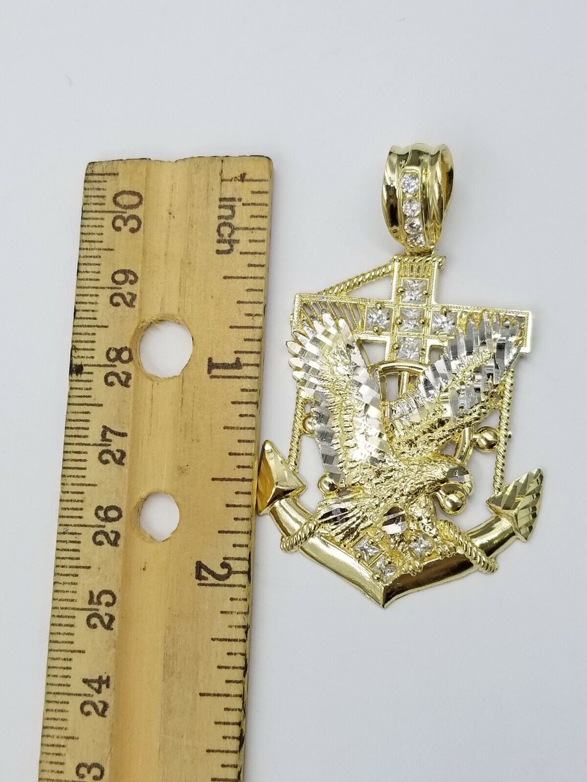 Real 10k Yellow Gold Miami Cuban Chain 24" American Eagle Anchor Charm Pendant - GoldenlinQ