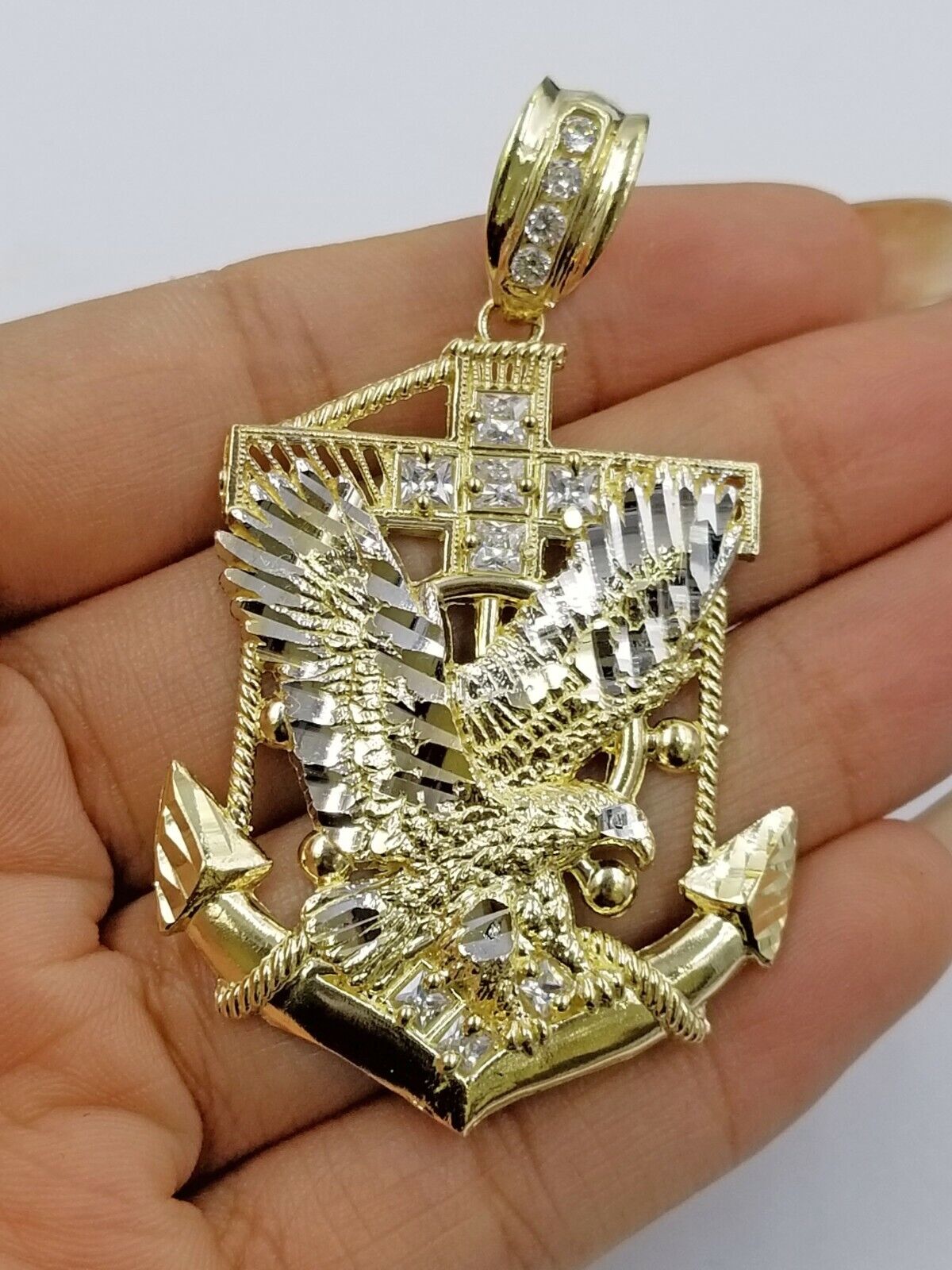 Real 10k Yellow Gold Miami Cuban Chain 24" American Eagle Anchor Charm Pendant - GoldenlinQ