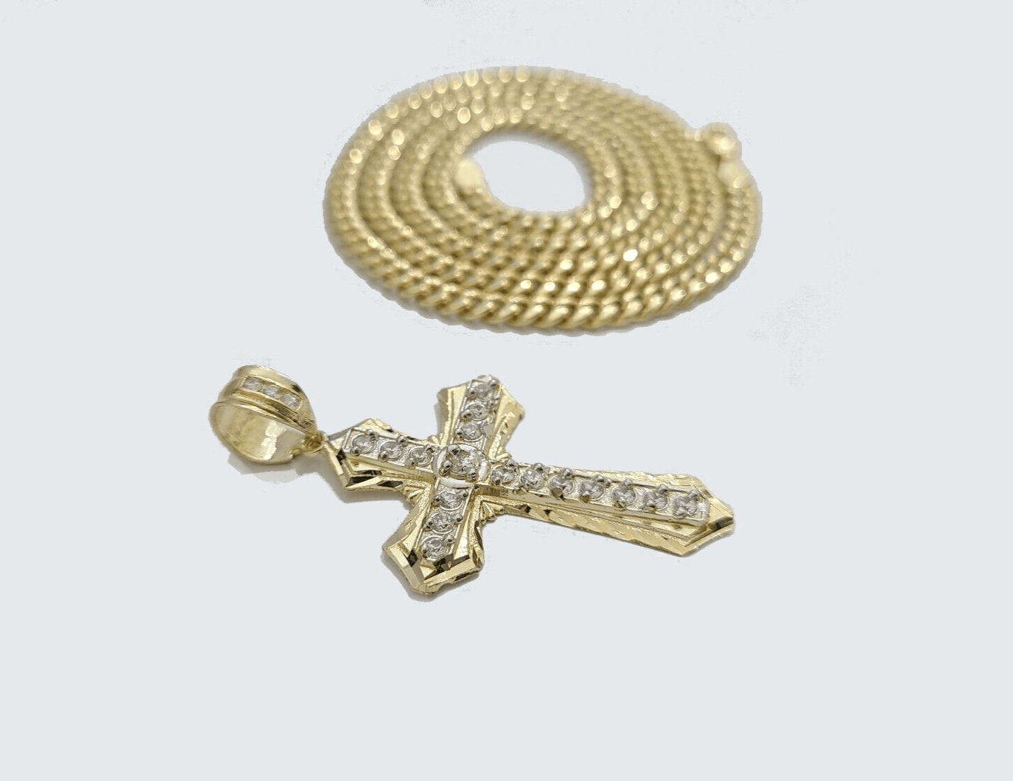 Real 10k Yellow Gold Miami Cuban Chain 5mm 18" inch Necklace Jesus Cross Charm - GoldenlinQ