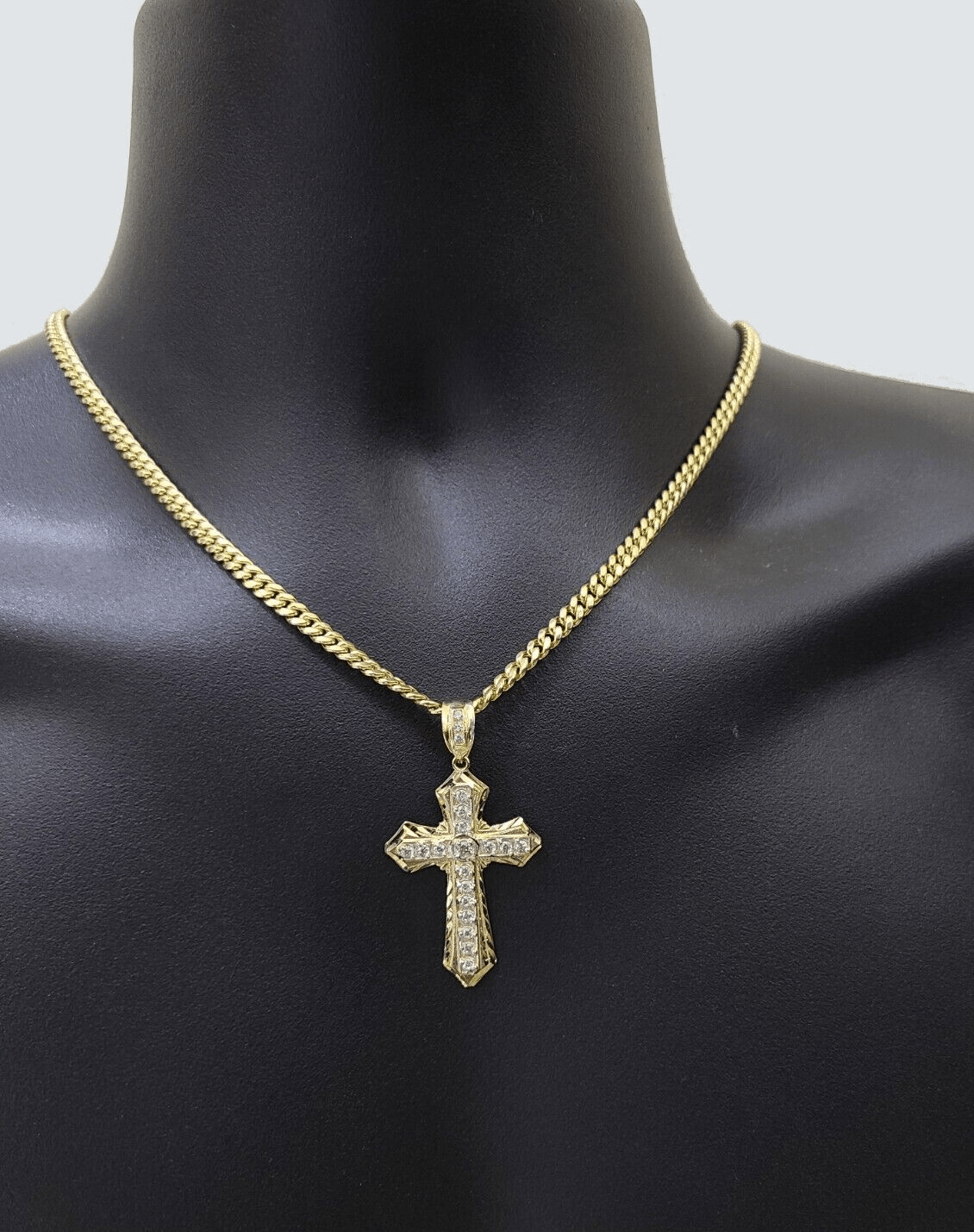 Real 10k Yellow Gold Miami Cuban Chain 5mm 18" inch Necklace Jesus Cross Charm - GoldenlinQ