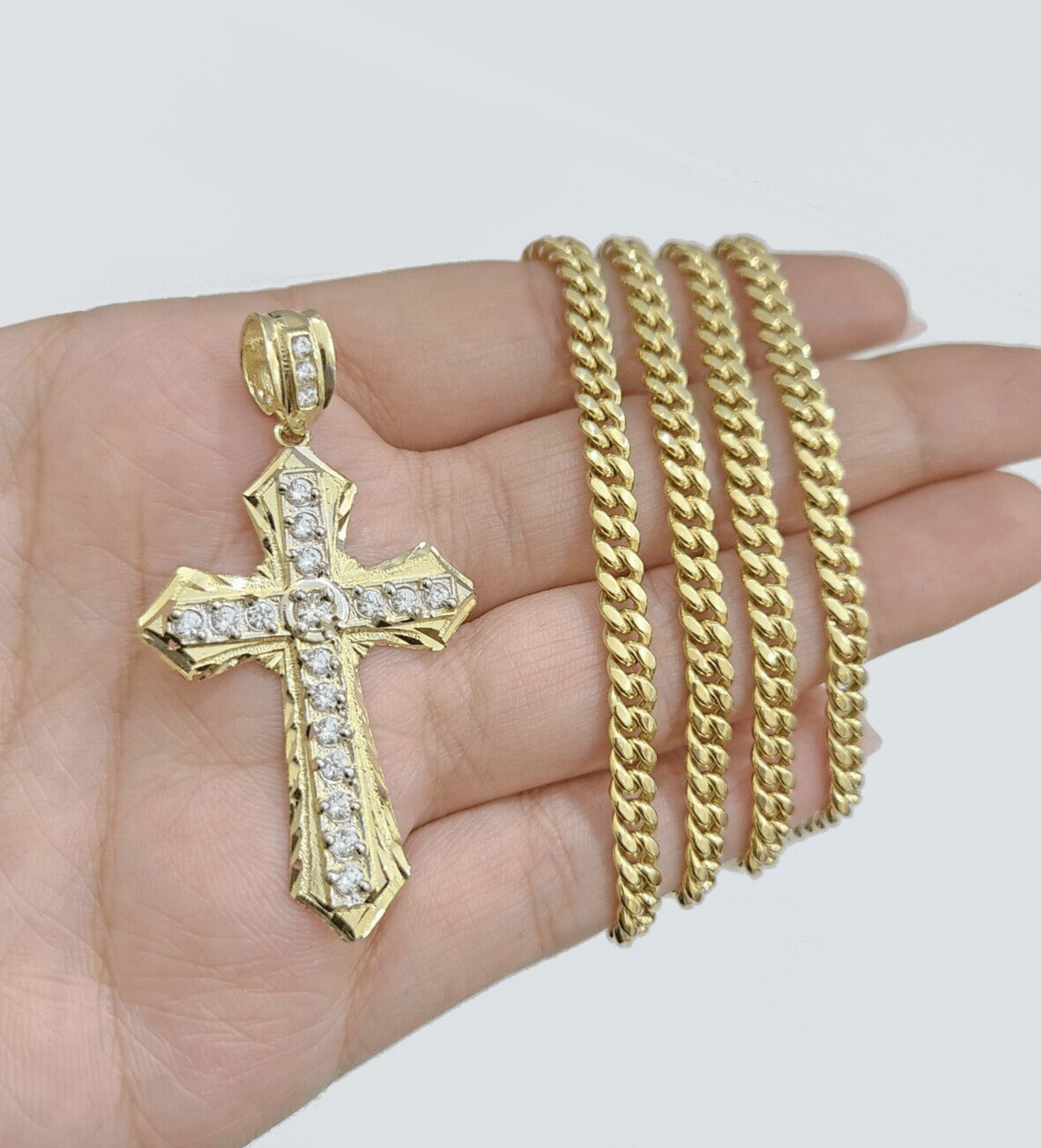 Real 10k Yellow Gold Miami Cuban Chain 5mm 20" inch Necklace Jesus Cross Charm - GoldenlinQ