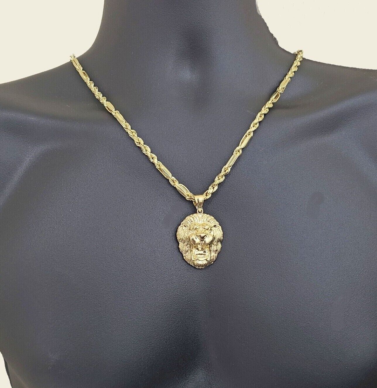 Real 10k Yellow Gold Milano Rope Chain 26'' Necklace Lion Head charm pendant - GoldenlinQ