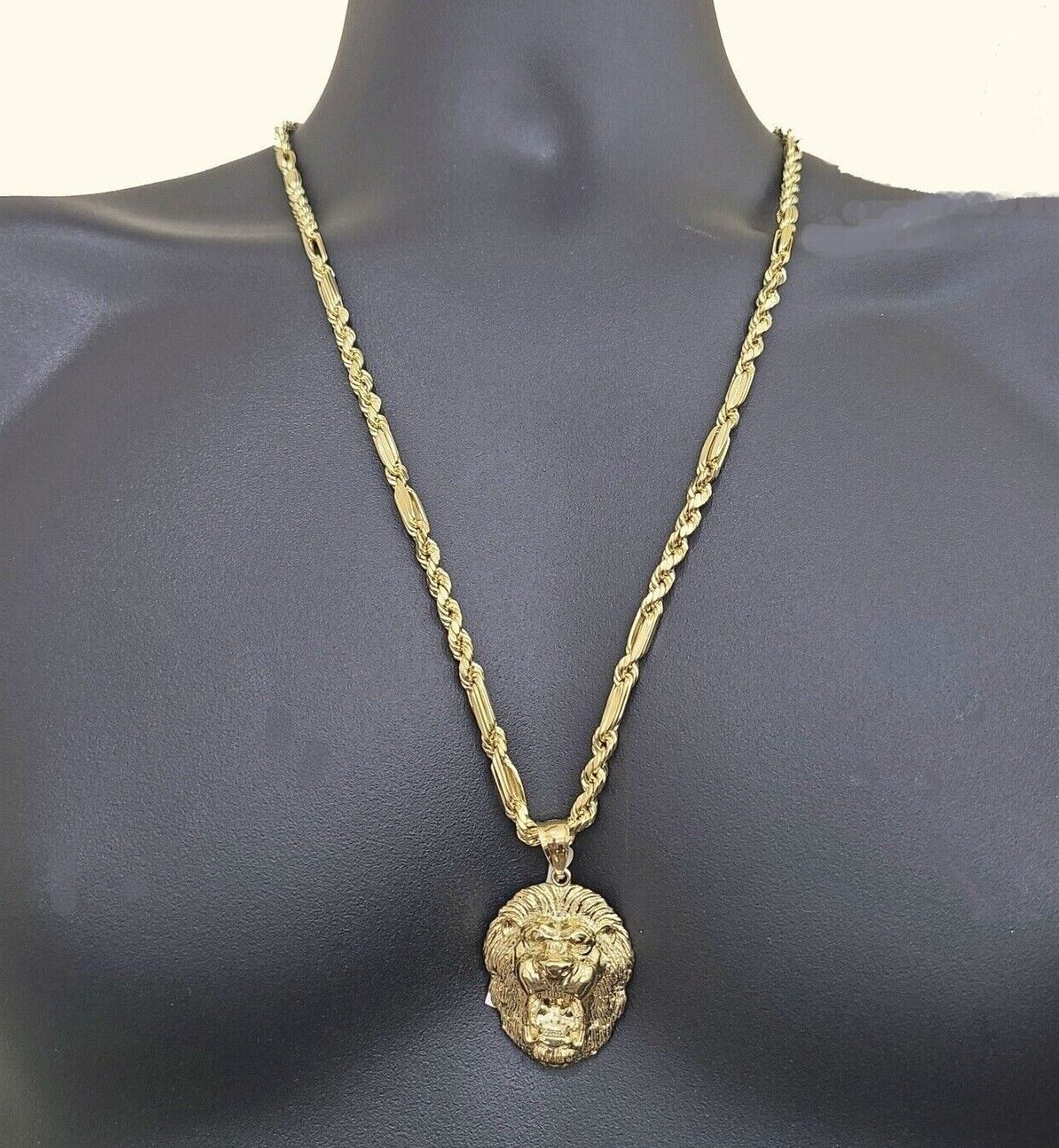 Real 10k Yellow Gold Milano Rope Chain 26'' Necklace Lion Head charm pendant - GoldenlinQ