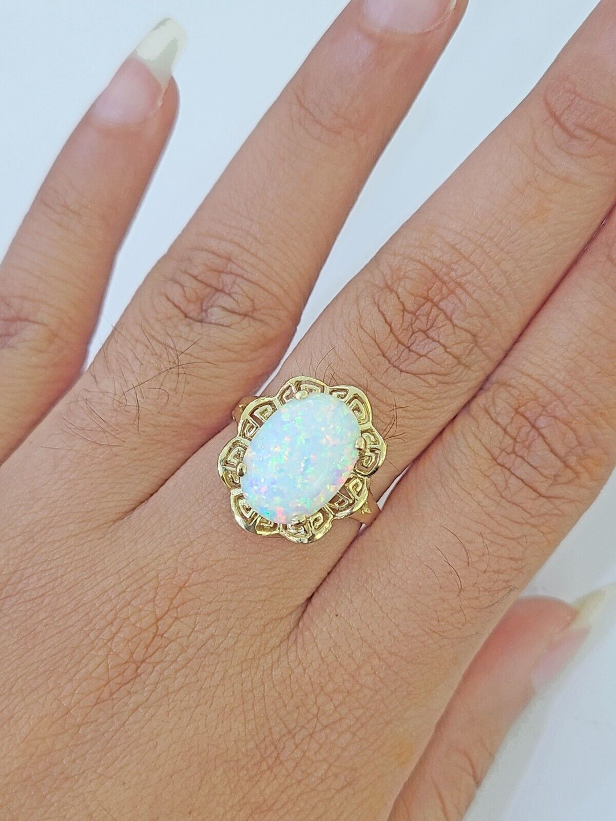 REAL 10K Yellow Gold Opal Ring Band Style Rings Women Genuine - GoldenlinQ