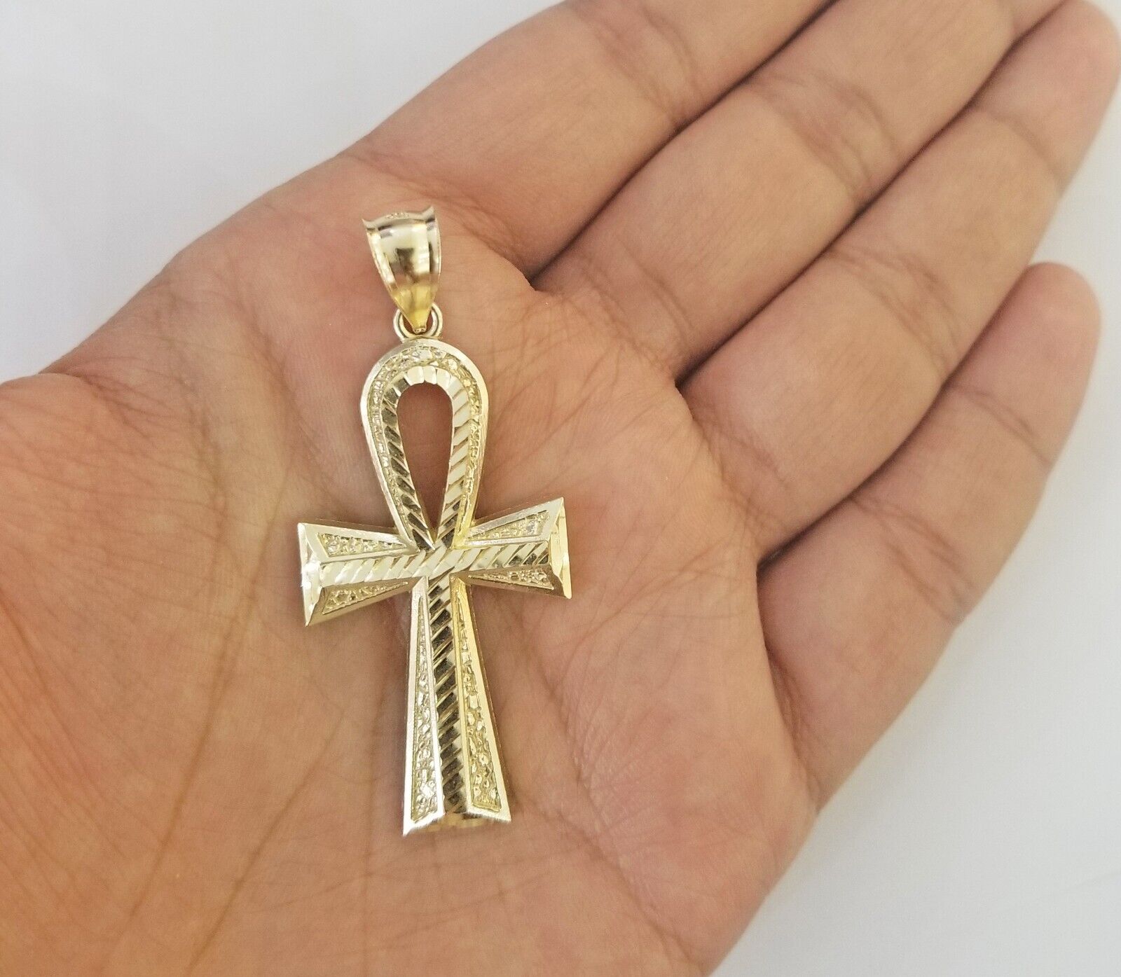 Real 10k Yellow Gold Pendant Ankh Charm Cross Diamond Cut 10kt Gold For Chain - GoldenlinQ