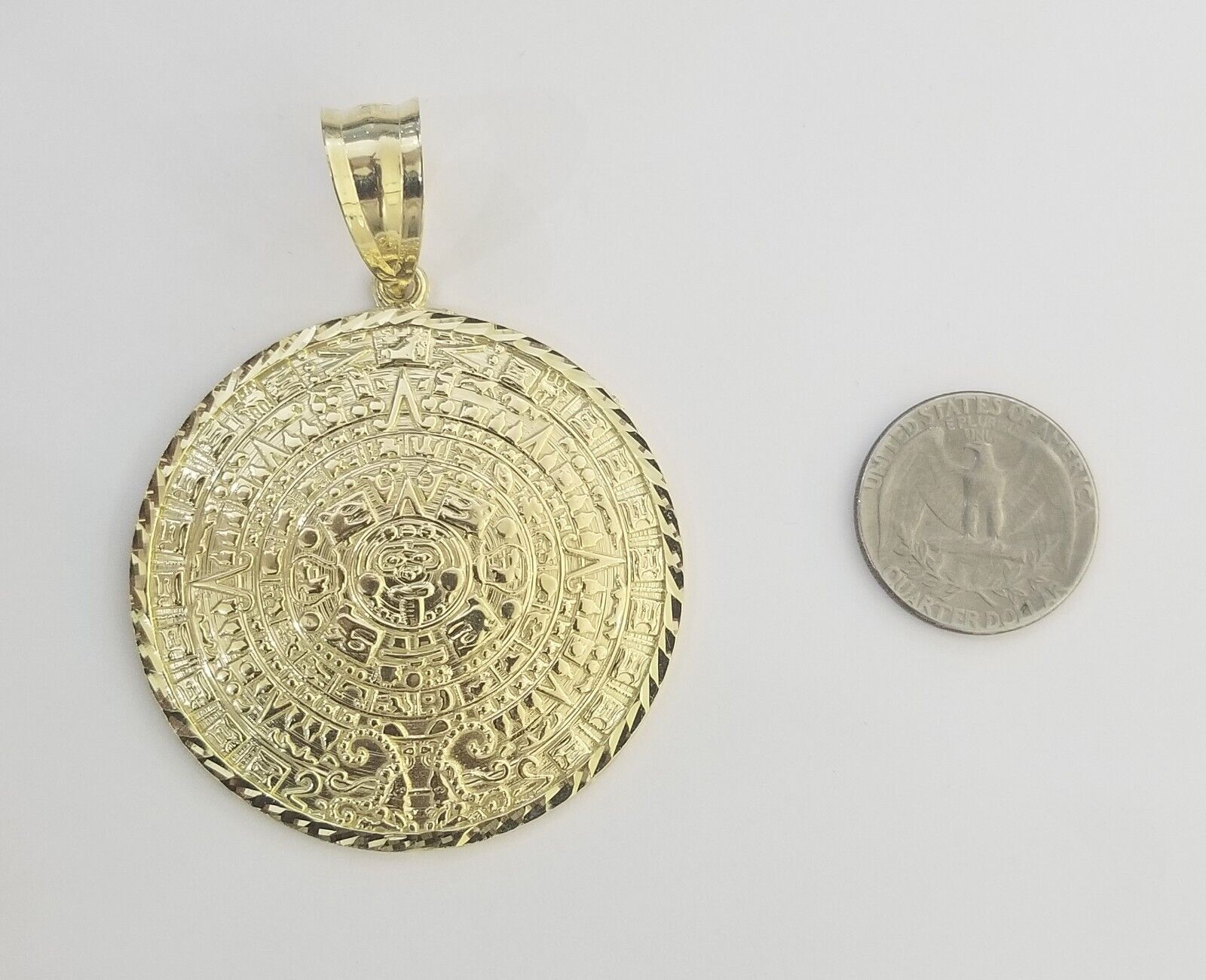 Real 10k Yellow Gold Pendant Circular Mayan Calendar Charm 2.5" SOLID 10kt - GoldenlinQ