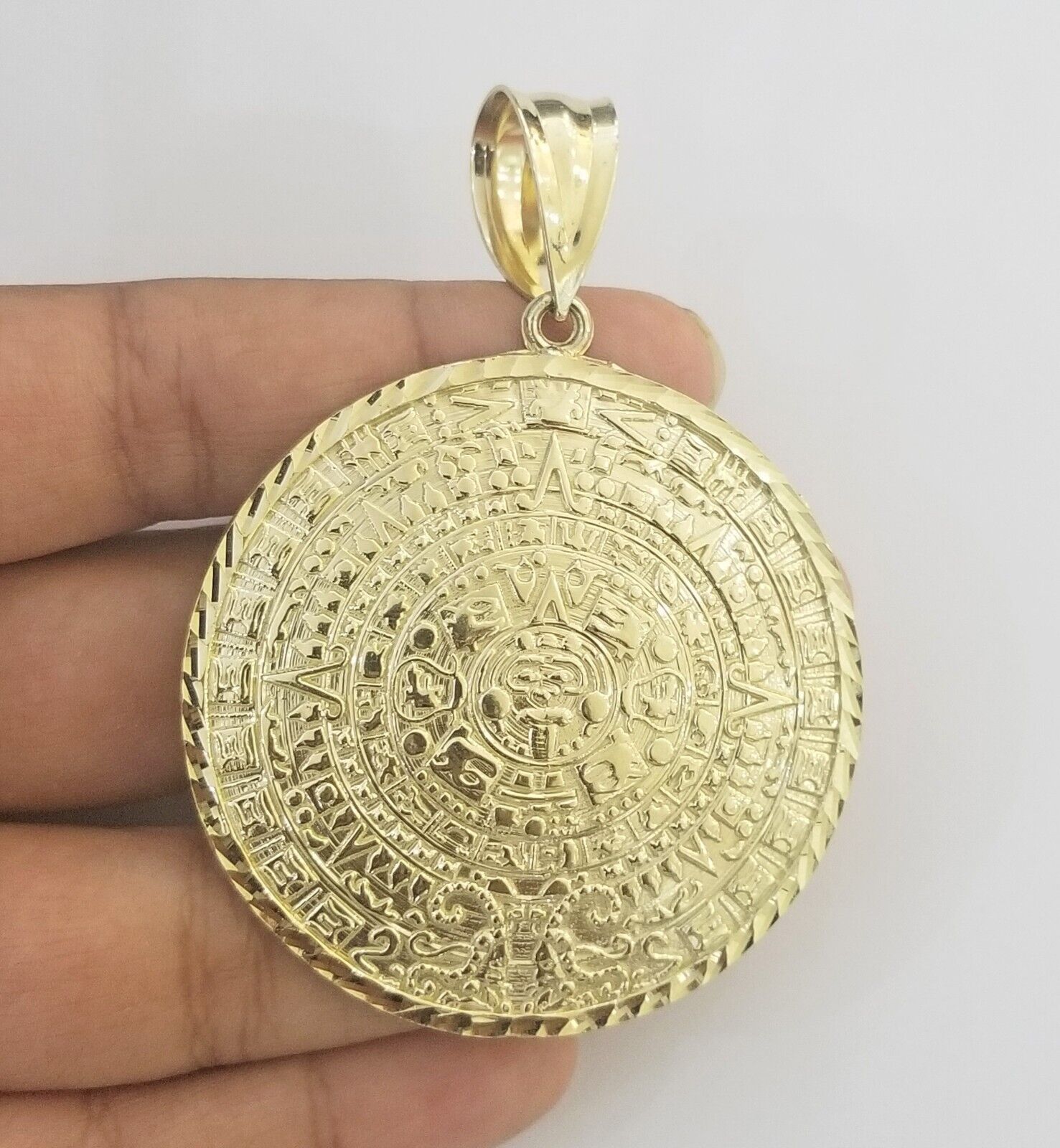 Real 10k Yellow Gold Pendant Circular Mayan Calendar Charm 2.5" SOLID 10kt - GoldenlinQ