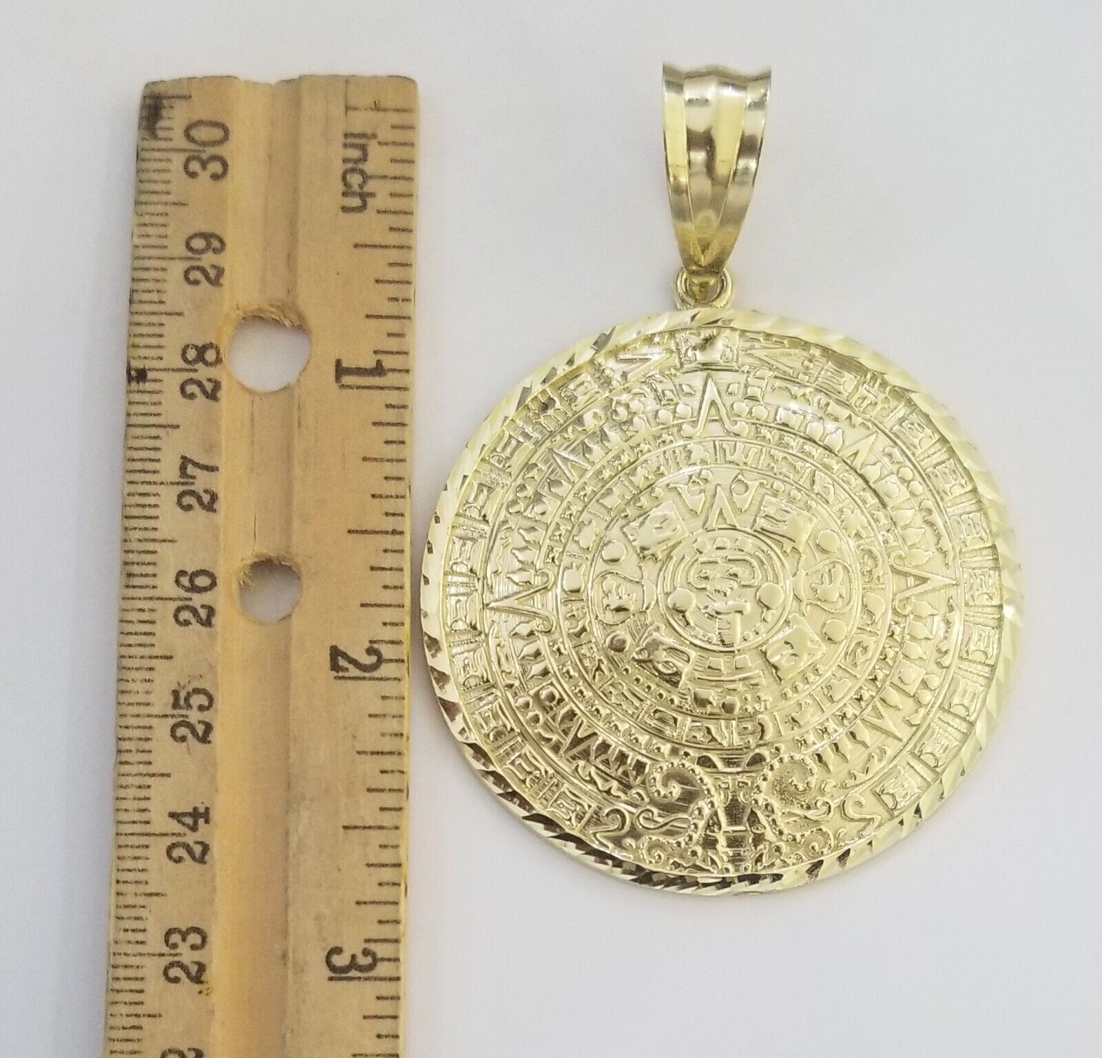 Real 10k Yellow Gold Pendant Circular Mayan Calendar Charm 2.5" SOLID 10kt - GoldenlinQ