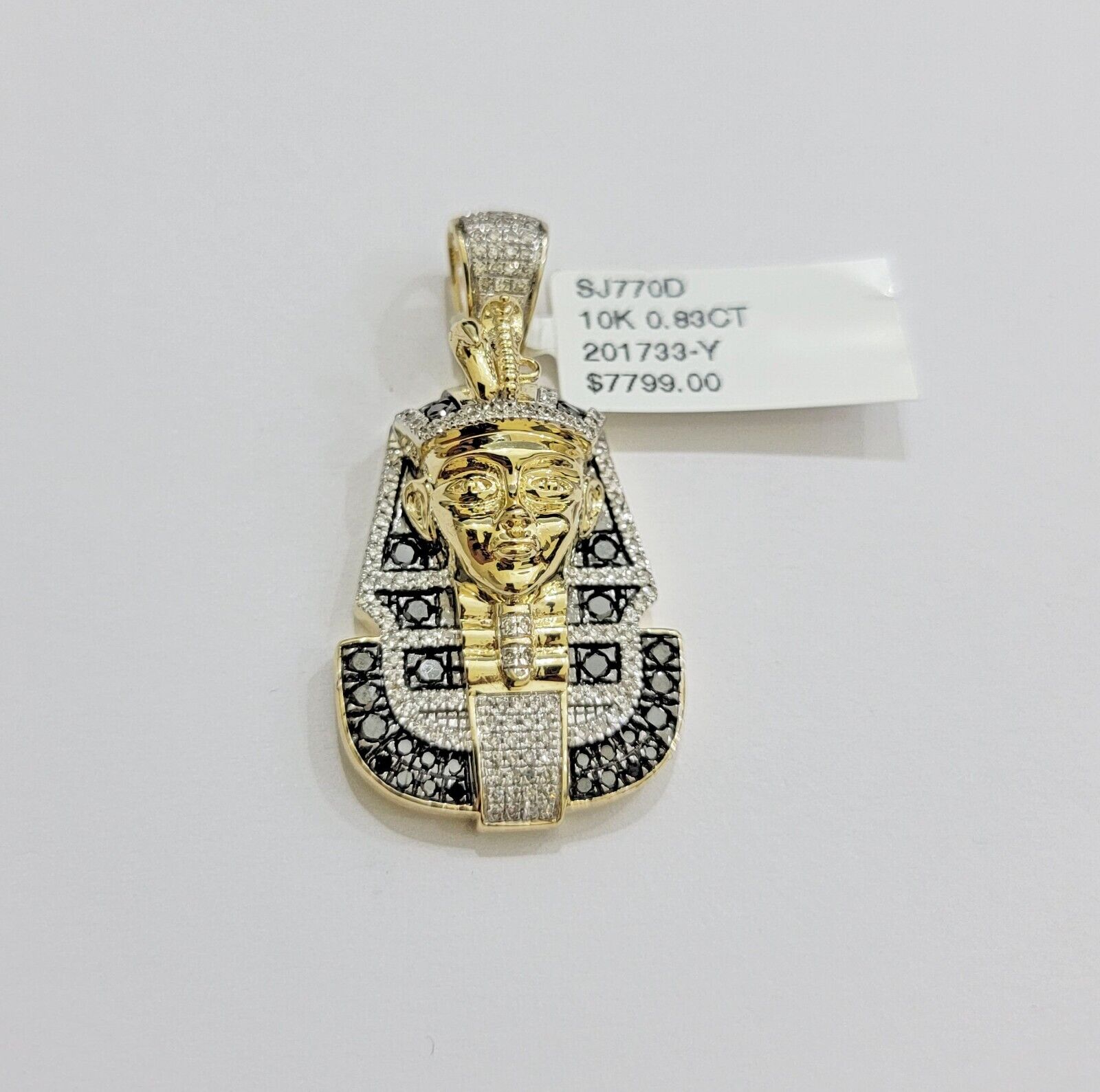 Real 10k Yellow Gold Pharoah Head Charm Pendant With black & White Diamonds Mens - GoldenlinQ