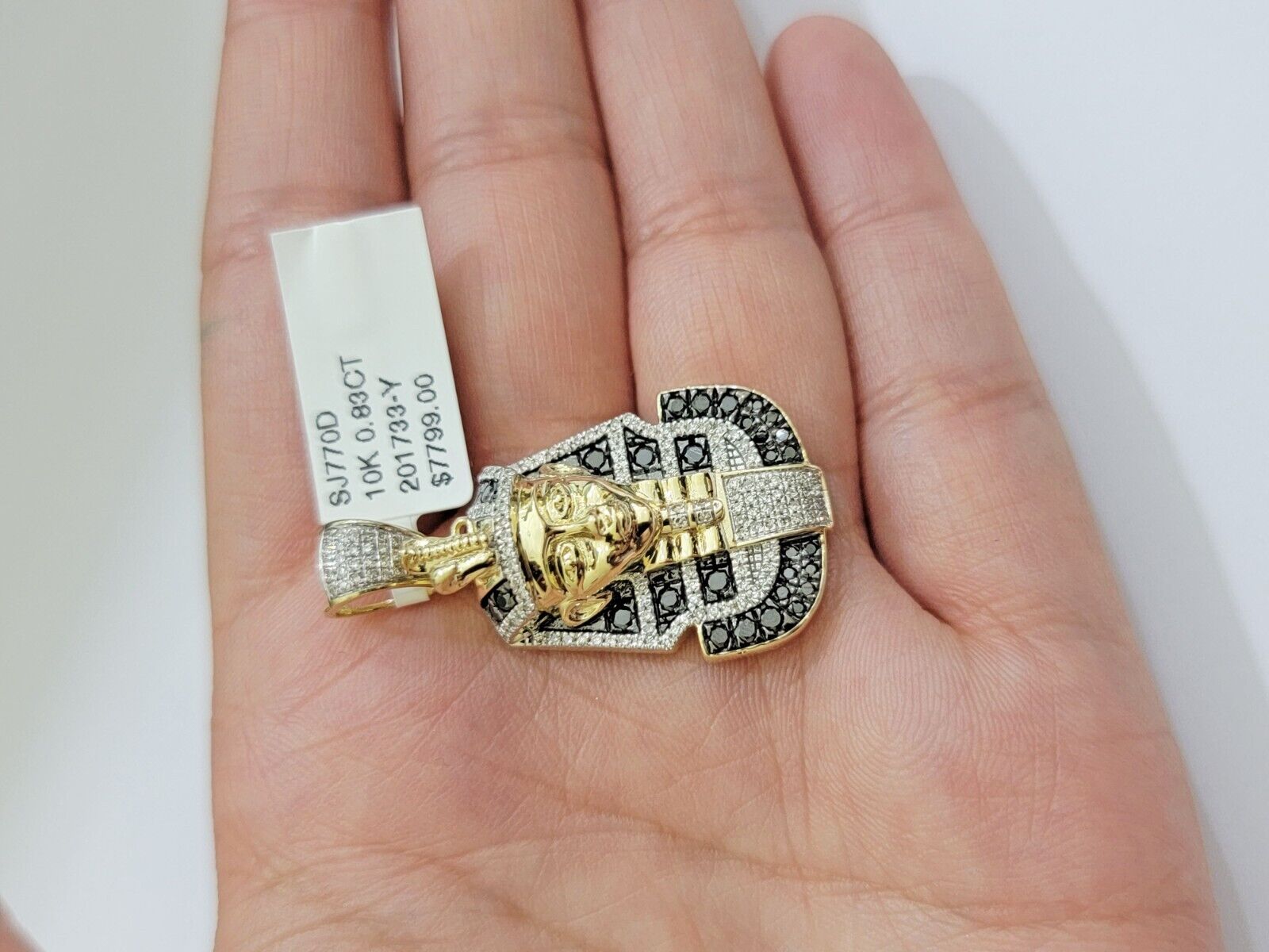 Real 10k Yellow Gold Pharoah Head Charm Pendant With black & White Diamonds Mens - GoldenlinQ