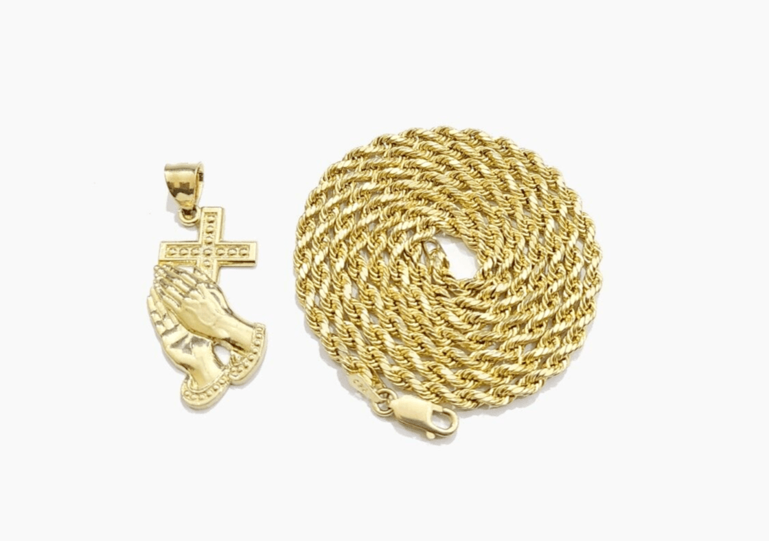 Real 10k Yellow Gold Rope Chain 20'' Necklace Praying Hand Cross Charm Pendant - GoldenlinQ