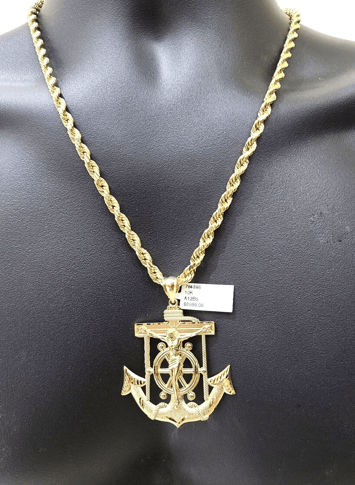 Real 10k Yellow Gold Rope Chain 22'' Necklace anchor cross charm pendant - GoldenlinQ