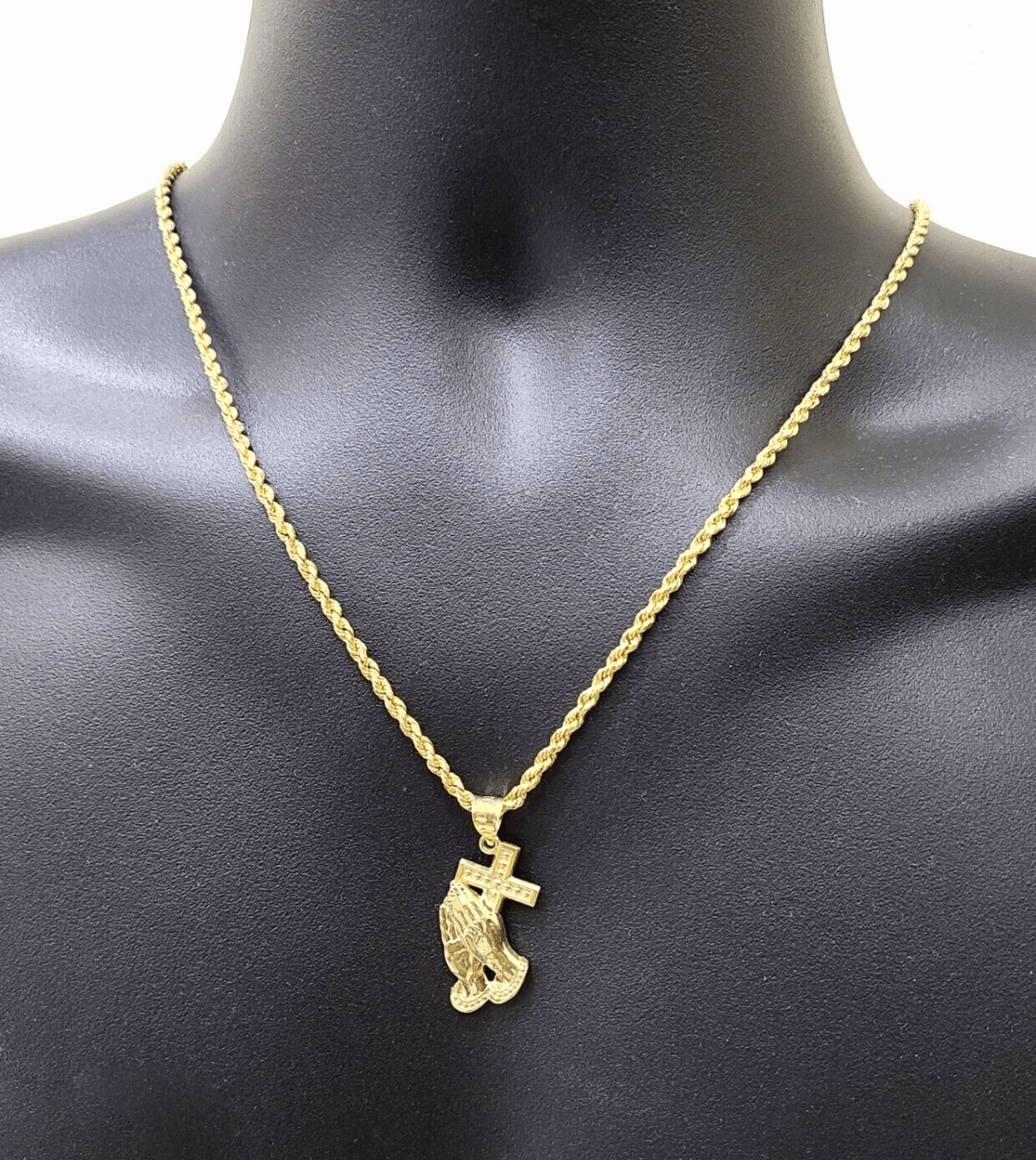 Real 10k Yellow Gold Rope Chain 22'' Necklace Praying Hand Cross Charm Pendant - GoldenlinQ
