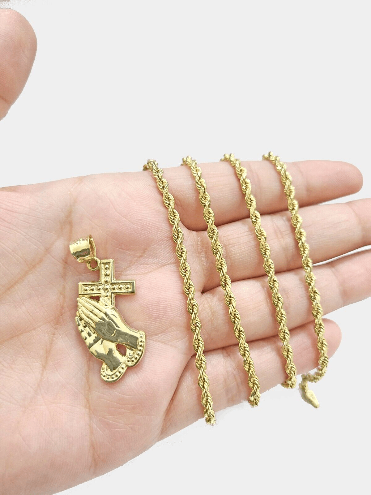 Real 10k Yellow Gold Rope Chain 22'' Necklace Praying Hand Cross Charm Pendant - GoldenlinQ