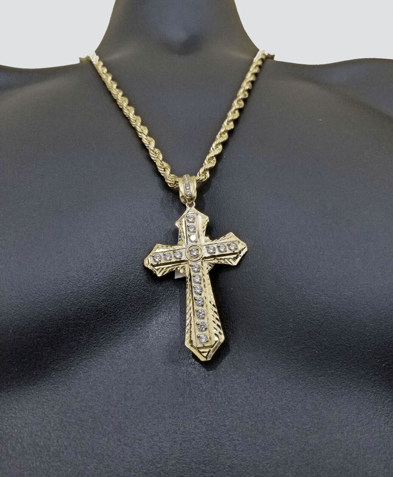 Real 10k Yellow Gold Rope Chain 24" inch Necklace And Cross Pendant 6mm - GoldenlinQ