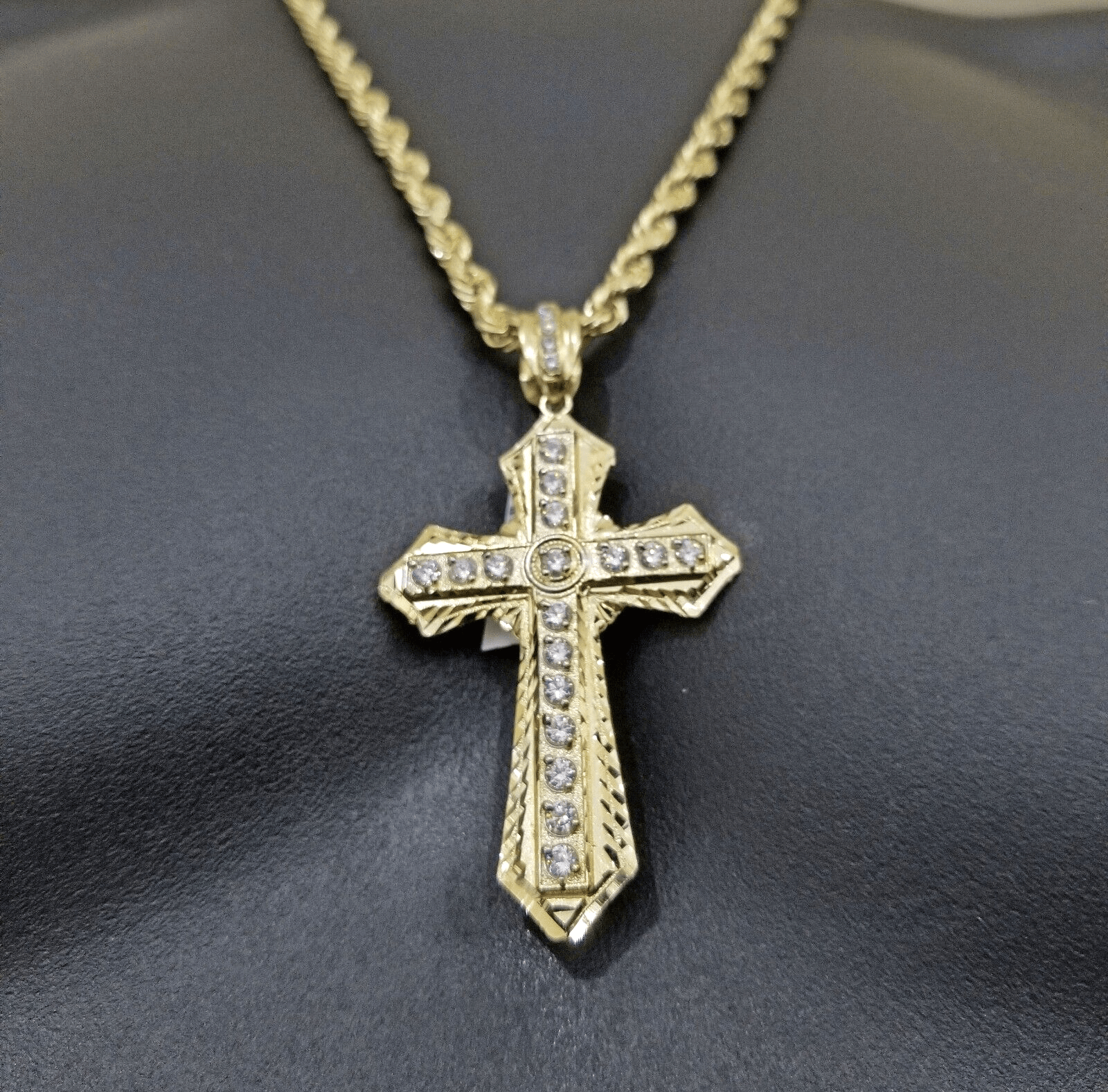 Real 10k Yellow Gold Rope Chain 24" inch Necklace And Cross Pendant 6mm - GoldenlinQ