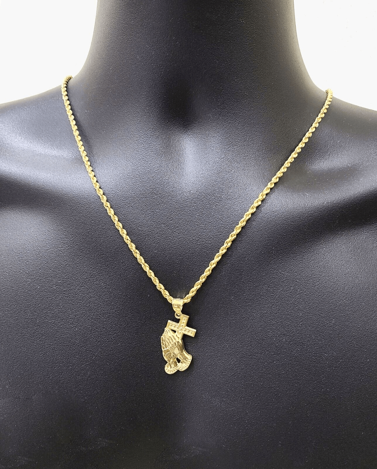 Real 10k Yellow Gold Rope Chain 24'' Necklace Praying Hand Cross Charm Pendant - GoldenlinQ