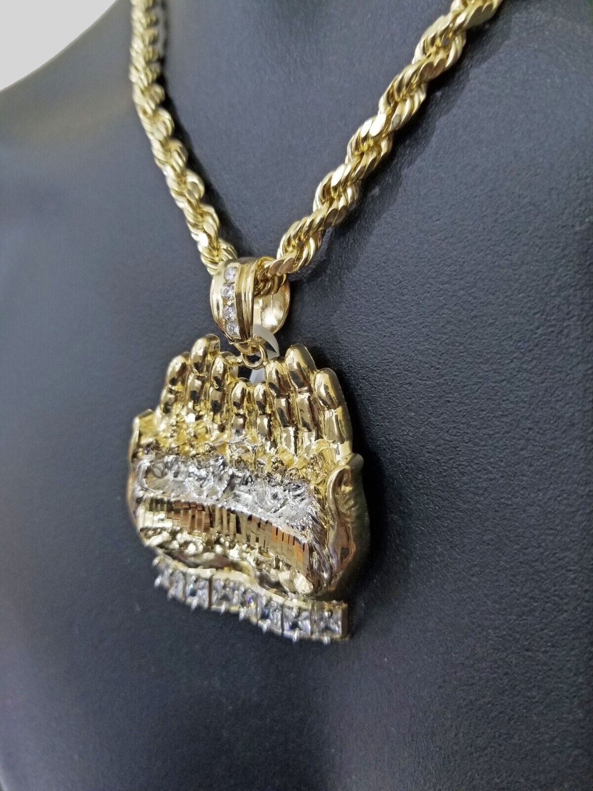 Real 10k Yellow Gold Rope Chain 24" Necklace Praying Hand Last Supper Pendant - GoldenlinQ