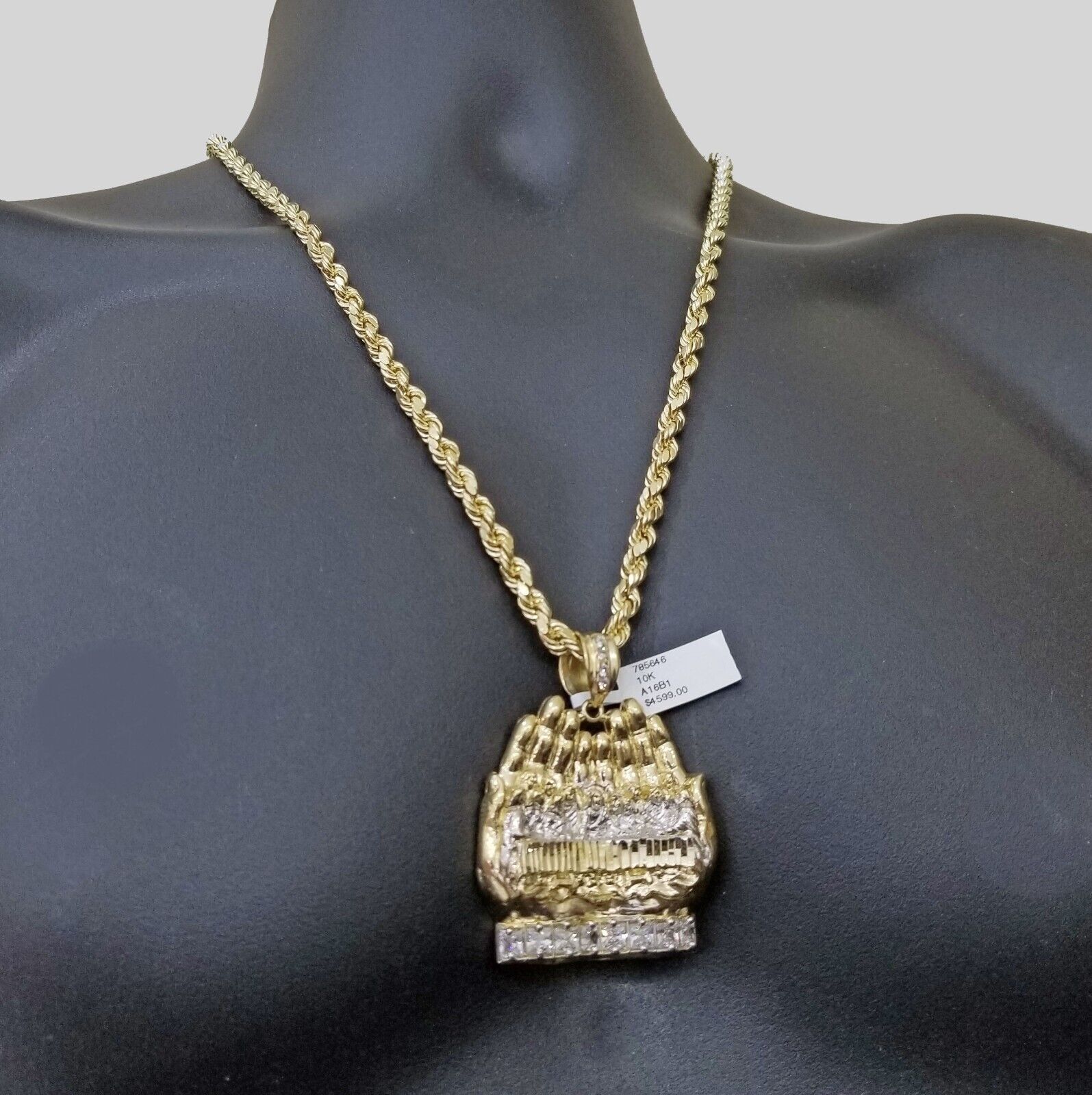 Real 10k Yellow Gold Rope Chain 24" Necklace Praying Hand Last Supper Pendant - GoldenlinQ