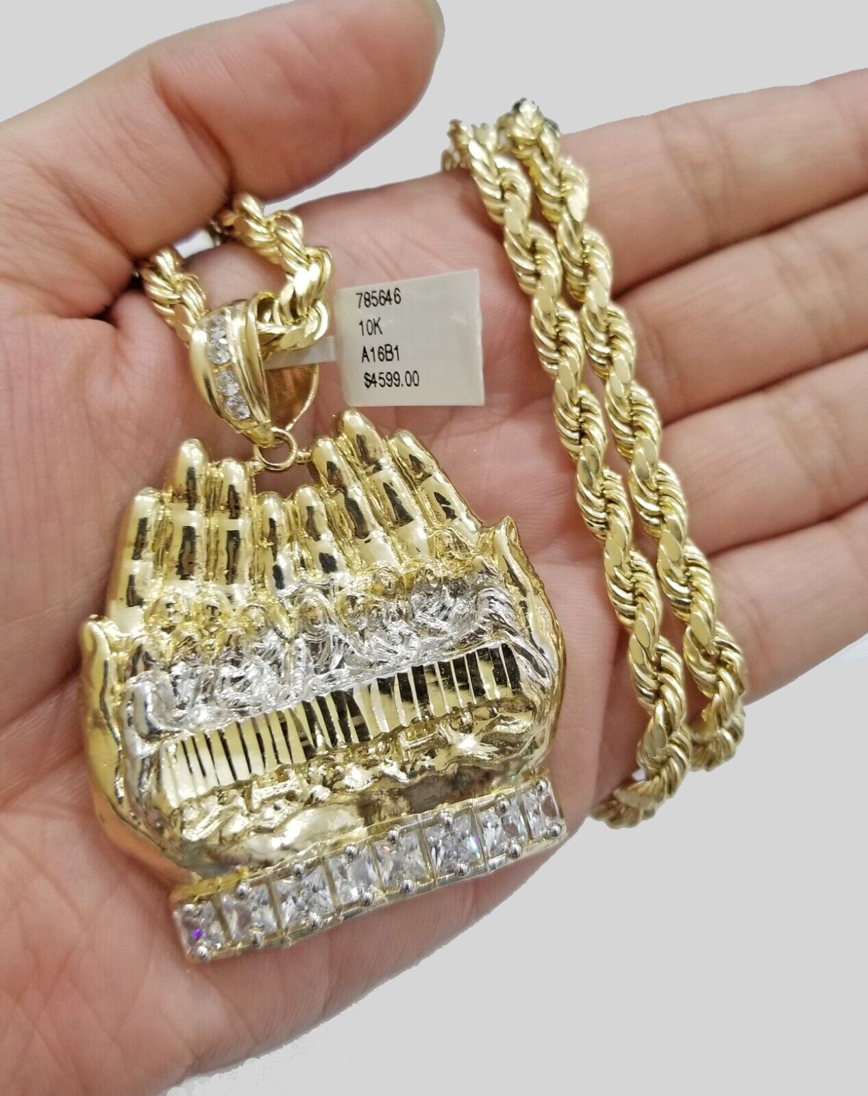 Real 10k Yellow Gold Rope Chain 24" Necklace Praying Hand Last Supper Pendant - GoldenlinQ