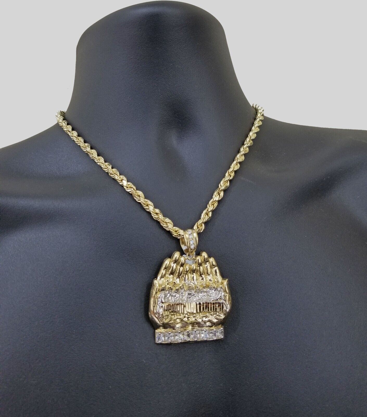 Real 10k Yellow Gold Rope Chain 24" Necklace Praying Hand Last Supper Pendant - GoldenlinQ