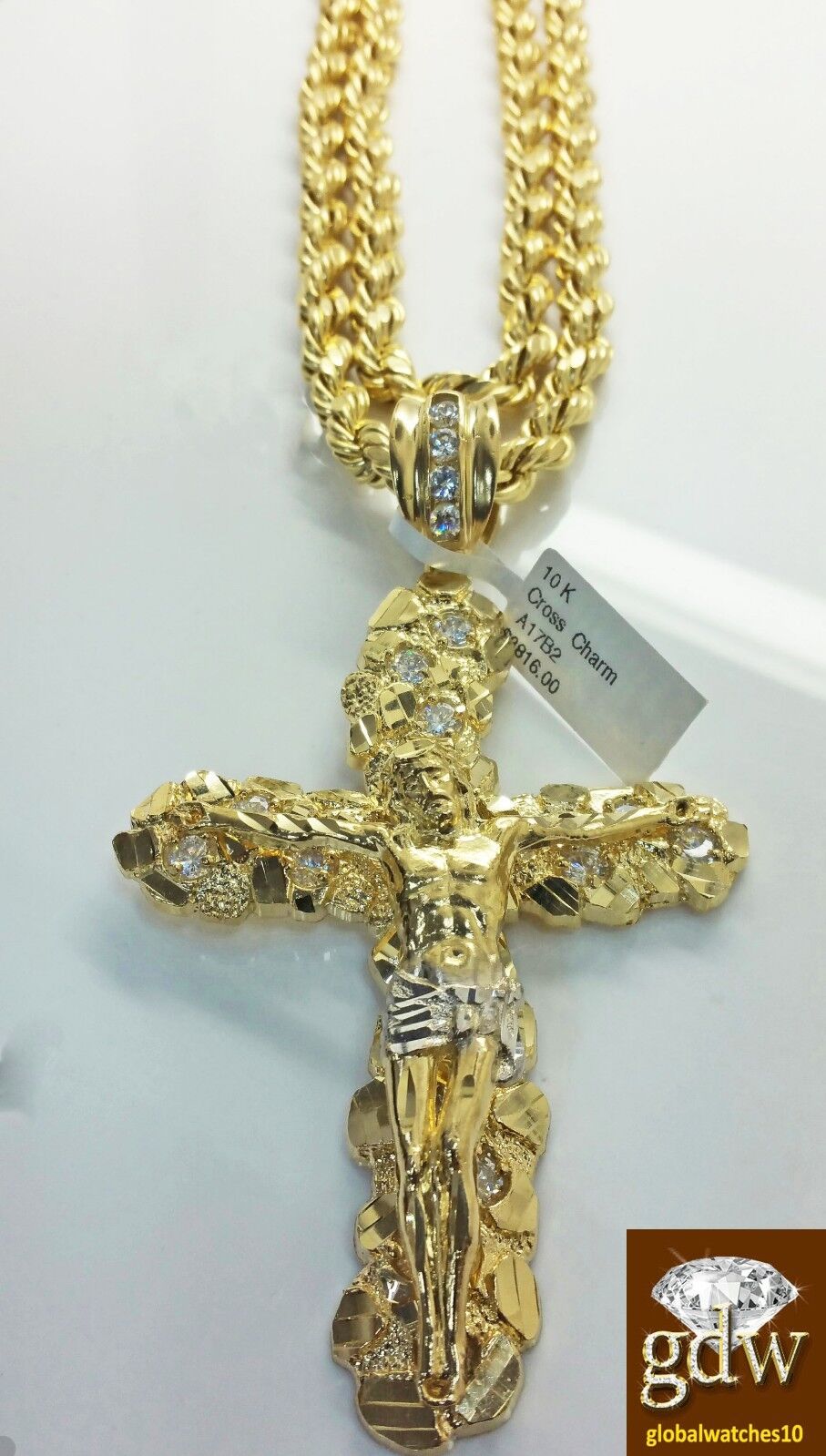 Real 10k Yellow Gold Rope Chain 26" 7mm And Real 10k Jesus Cross - GoldenlinQ