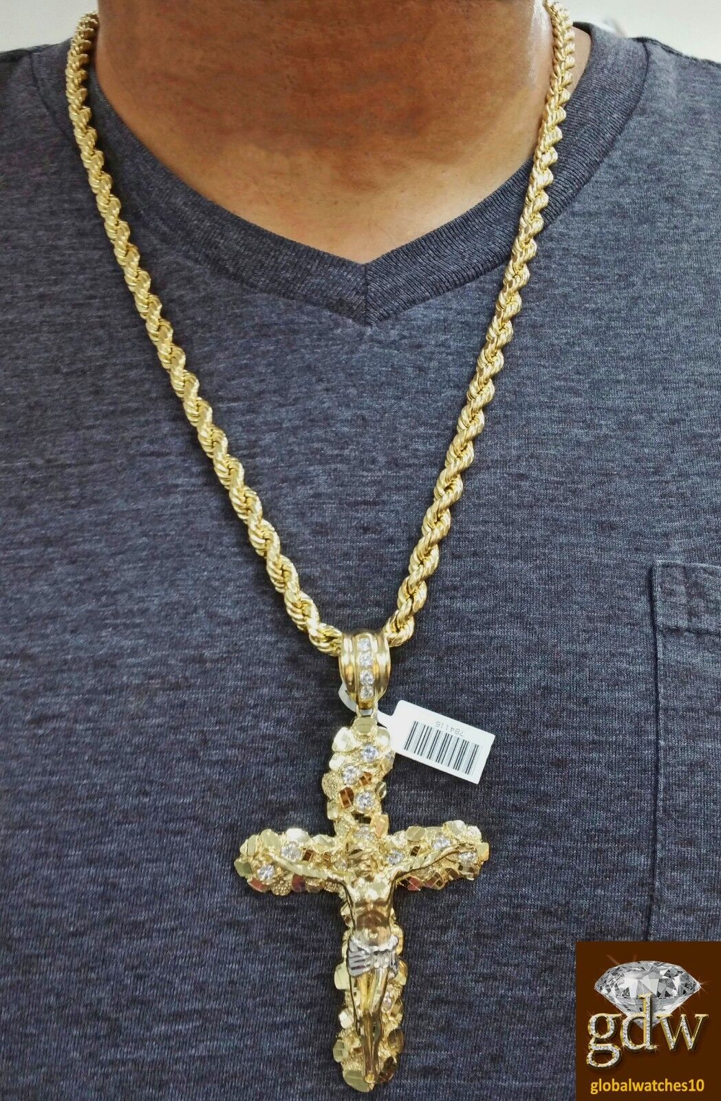 Real 10k Yellow Gold Rope Chain 26" 7mm And Real 10k Jesus Cross - GoldenlinQ