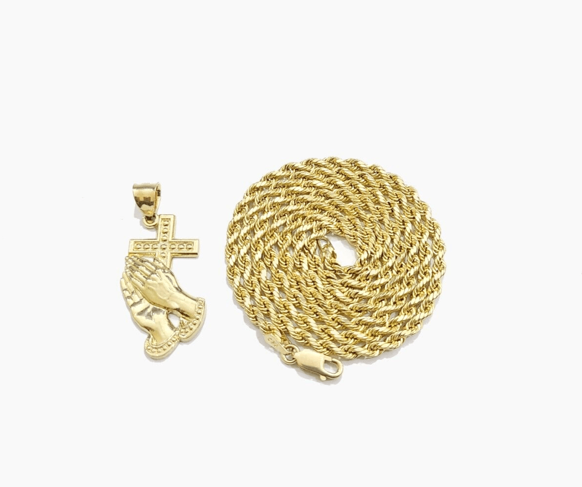 Real 10k Yellow Gold Rope Chain 26'' Necklace Praying Hand Cross Charm Pendant - GoldenlinQ