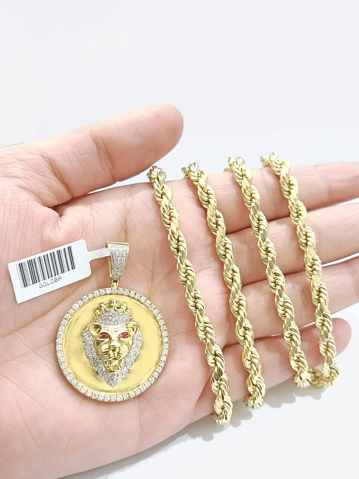 Real 10k Yellow Gold Rope Chain 28'' Necklace Lion Head Charm Diamond Pendant - GoldenlinQ