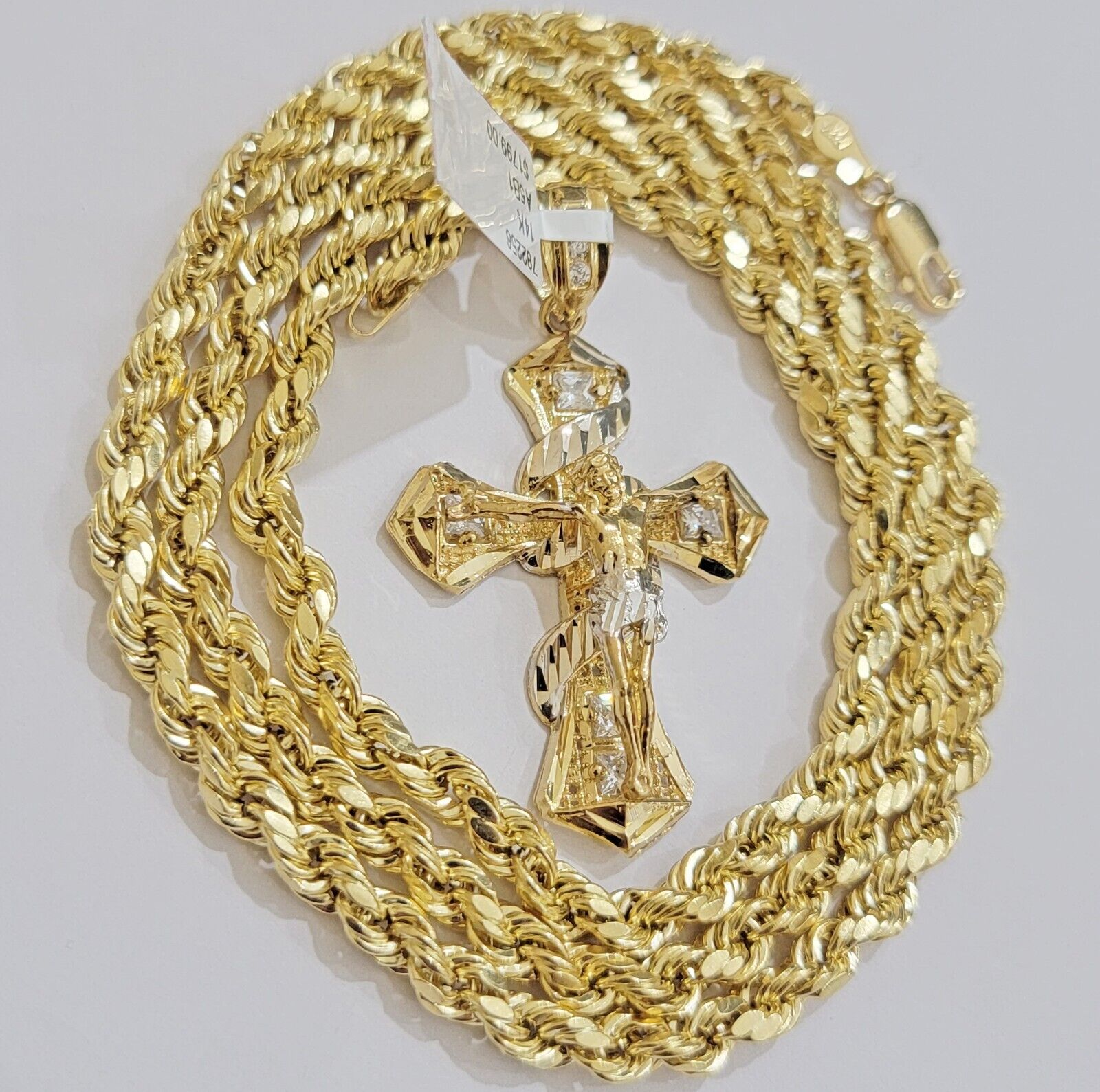 Real 10k Yellow Gold Rope Chain 5mm 24 inch Necklace & Jesus Cross Charm Pendant Set - GoldenlinQ