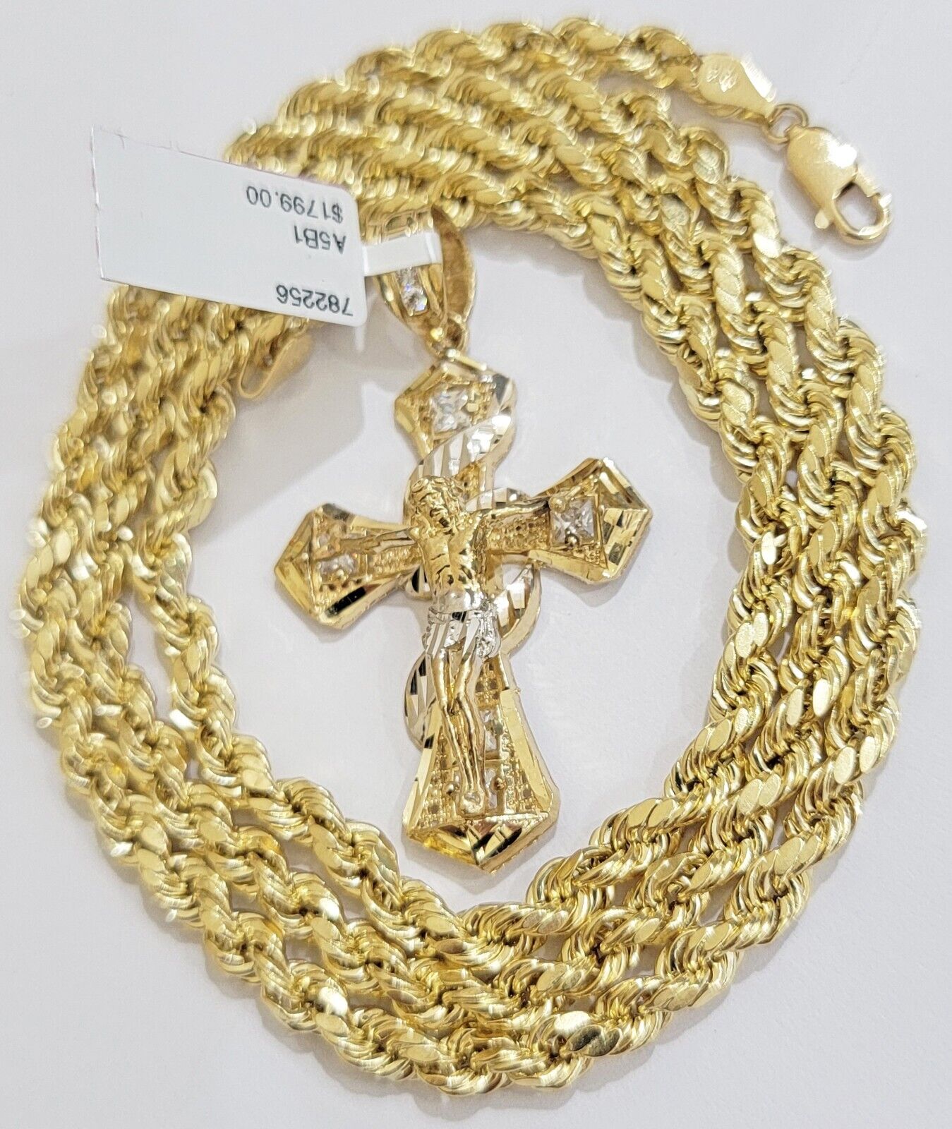 Real 10k Yellow Gold Rope Chain 5mm 26 inch Necklace & Jesus Cross Charm Pendant Set - GoldenlinQ