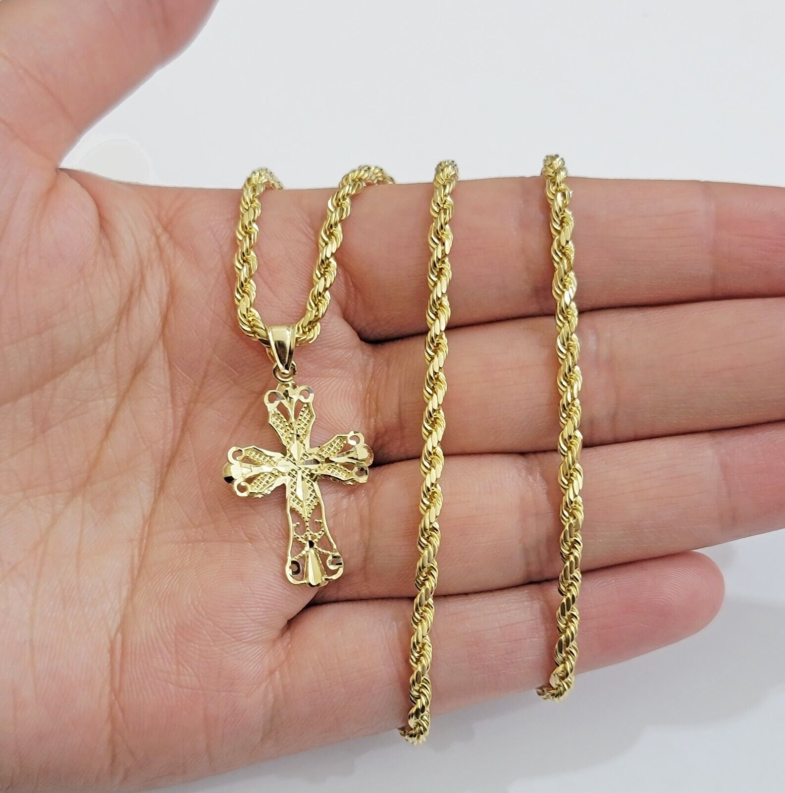 Real 10k Yellow Gold Rope Chain Cross Charm Pendant SET 3mm Necklace 18 - 28 Inch - GoldenlinQ