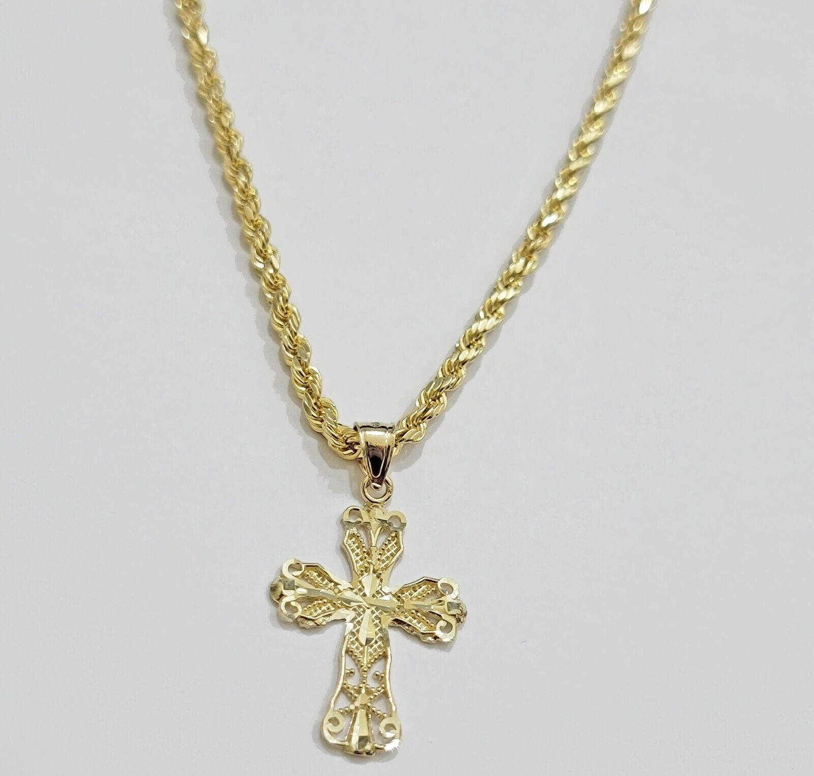 Real 10k Yellow Gold Rope Chain Cross Charm Pendant SET 3mm Necklace 18 - 28 Inch - GoldenlinQ