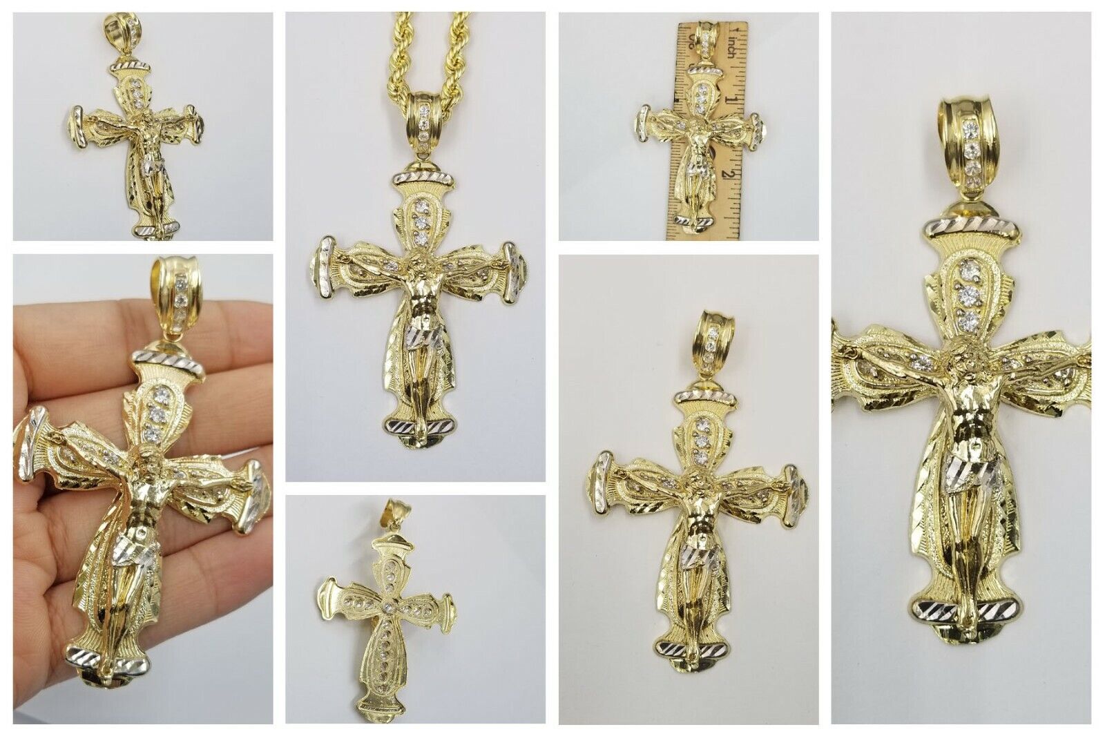 Real 10k Yellow Gold Rope Chain Crucifix Cross Pendent Jesus Diamond Cut Charm - GoldenlinQ