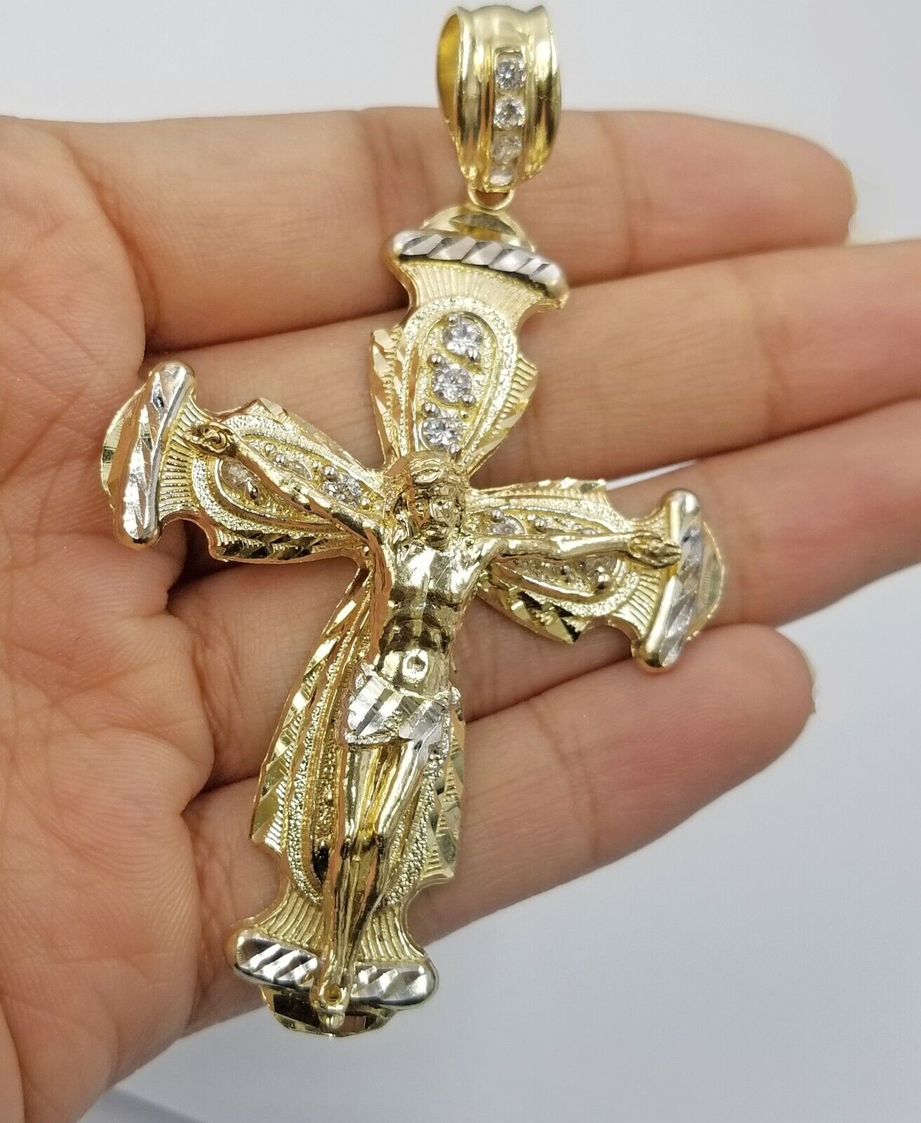 Real 10k Yellow Gold Rope Chain Crucifix Cross Pendent Jesus Diamond Cut Charm - GoldenlinQ