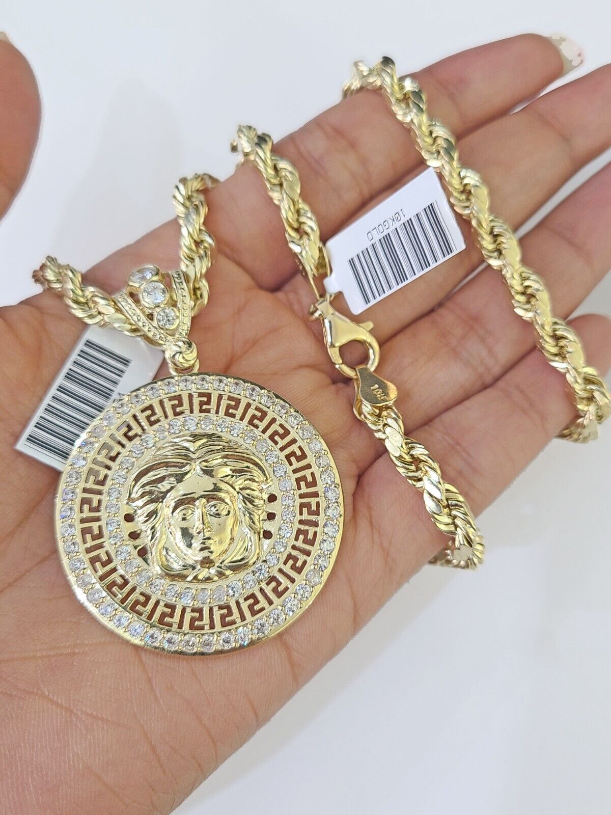 Real 10k Yellow Gold Rope Chain Head Charm Set 6mm 18" - 26"Inch Necklace - GoldenlinQ