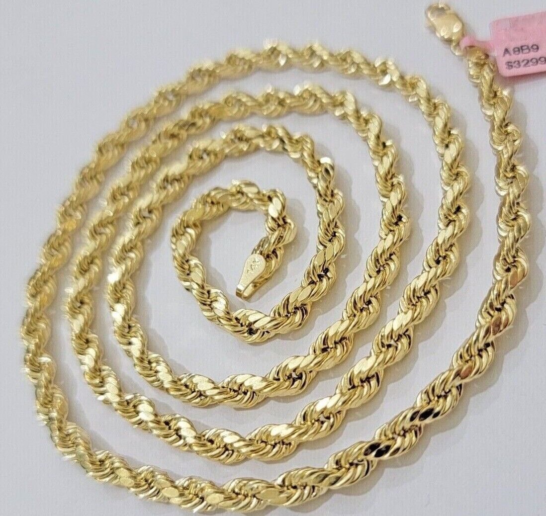 Real 10k Yellow Gold Rope Chain Necklace 6mm 18 - 28 Inch Diamond Cuts Men's 10kt - GoldenlinQ