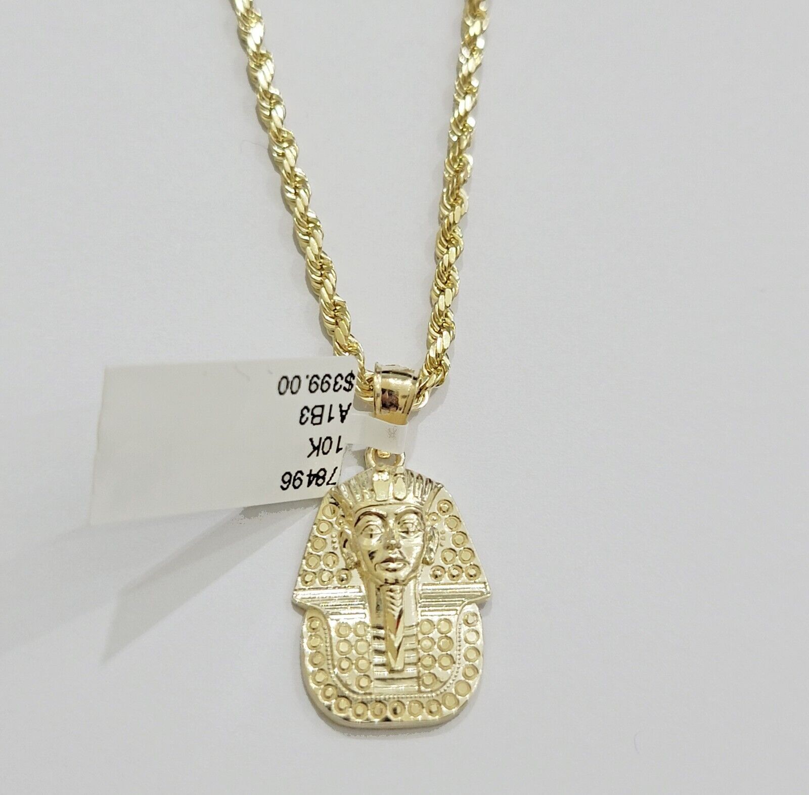 Real 10k Yellow Gold Rope Chain & Pharoah Head Pendant 2.5mm 18 - 26 inch Necklace - GoldenlinQ
