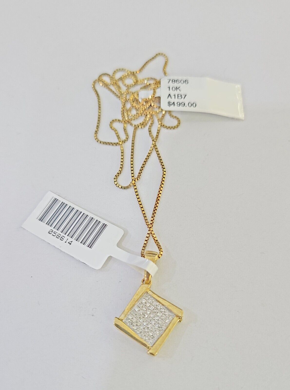 Real 10k Yellow Gold Square Diamond Pendant Box Chain Necklace Set Women - GoldenlinQ