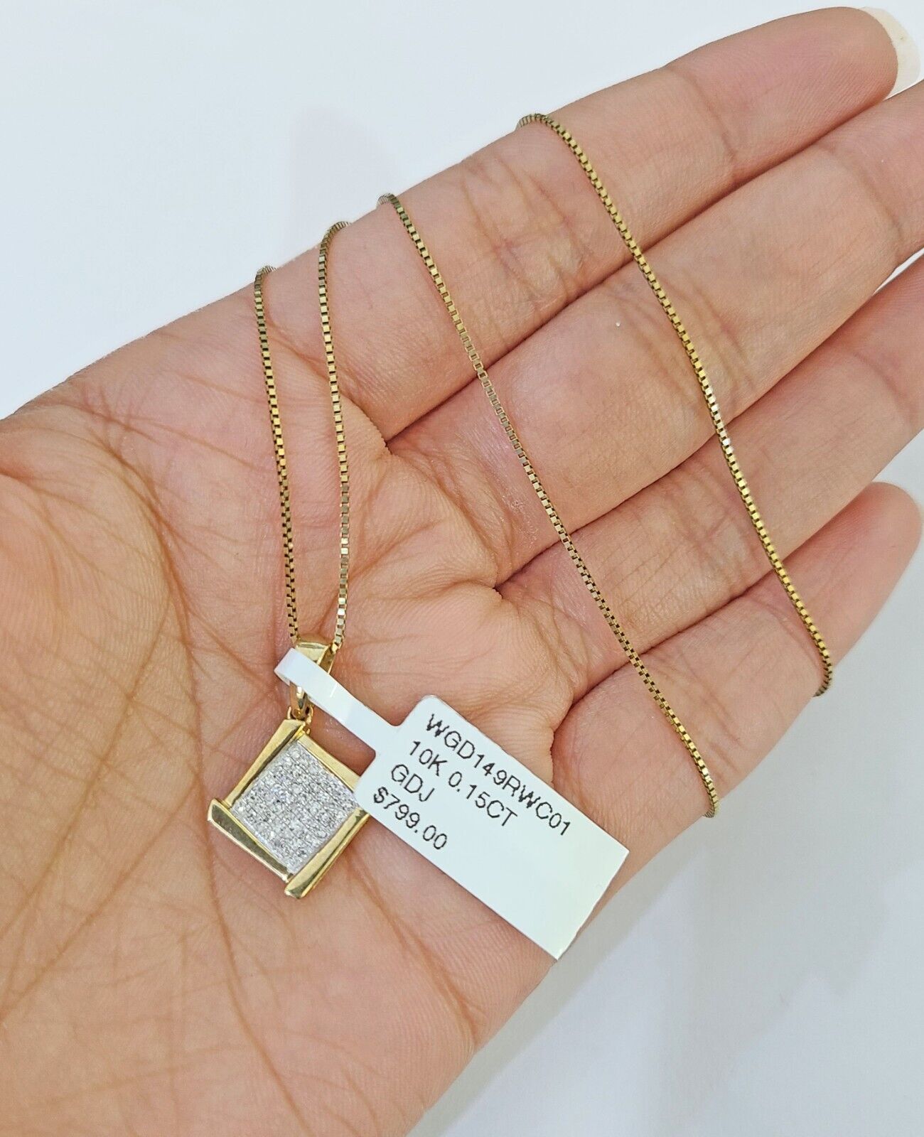 Real 10k Yellow Gold Square Diamond Pendant Box Chain Necklace Set Women - GoldenlinQ